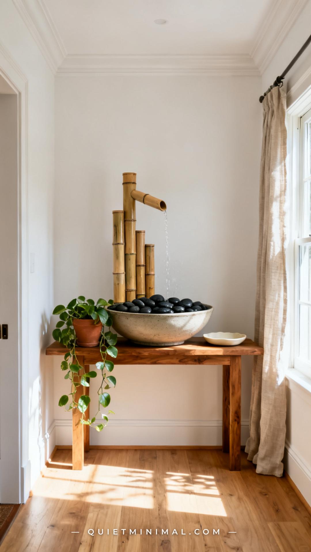 A wide establishing shot of a bright entryway with natural linen curtain panels partially visible at the window to the r