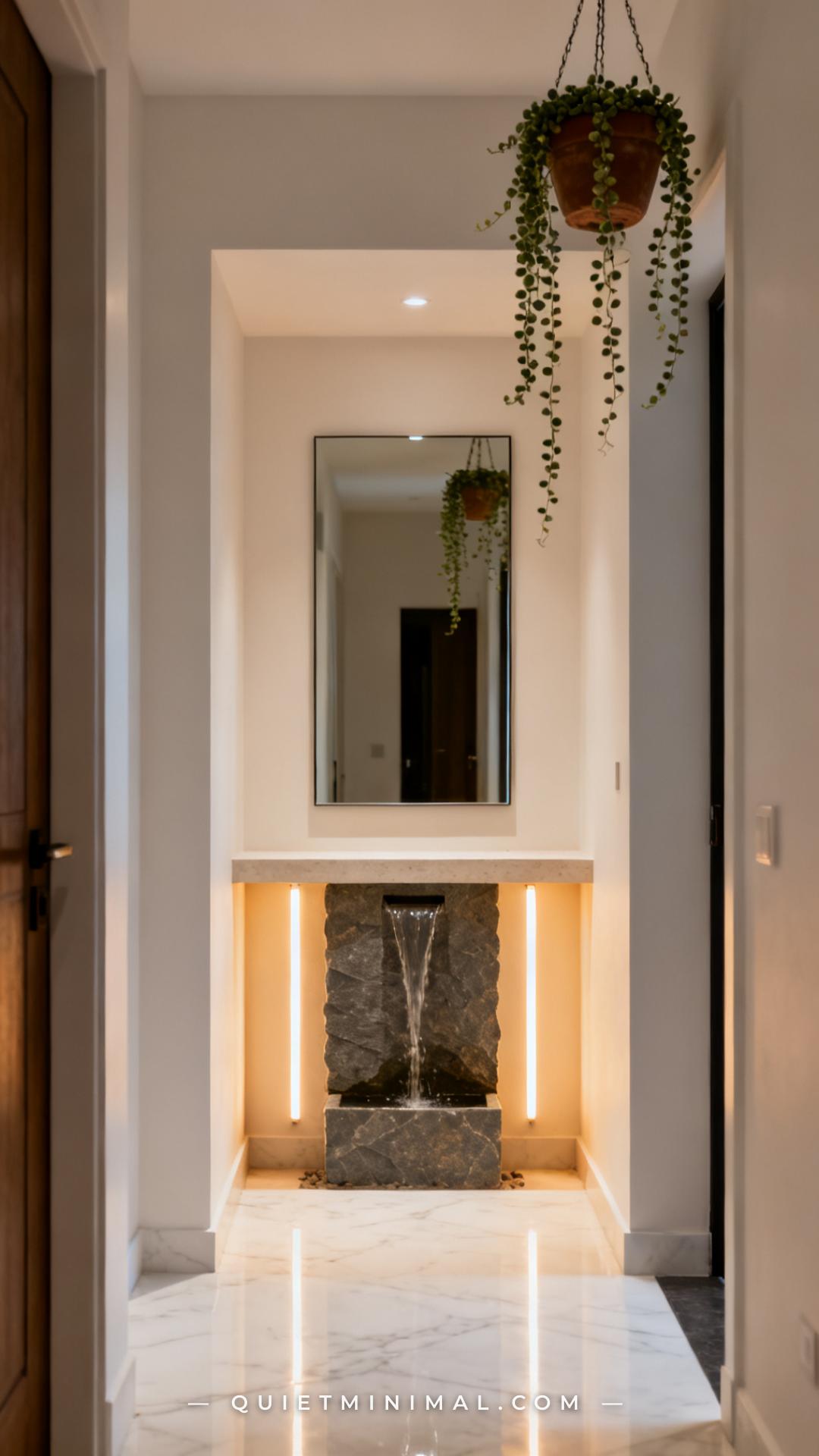 A vertical photograph captures a compact entryway alcove — roughly three feet wide and recessed slightly from the main h