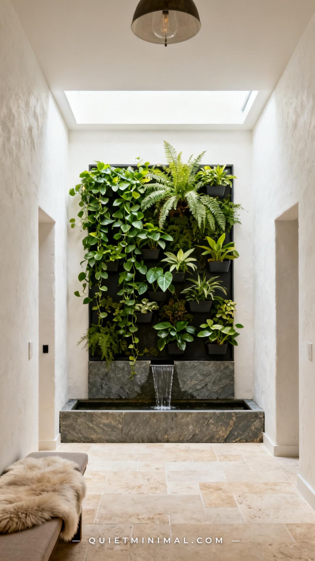 An establishing shot of a wide residential entryway wall showing a living plant panel installation — roughly four feet w