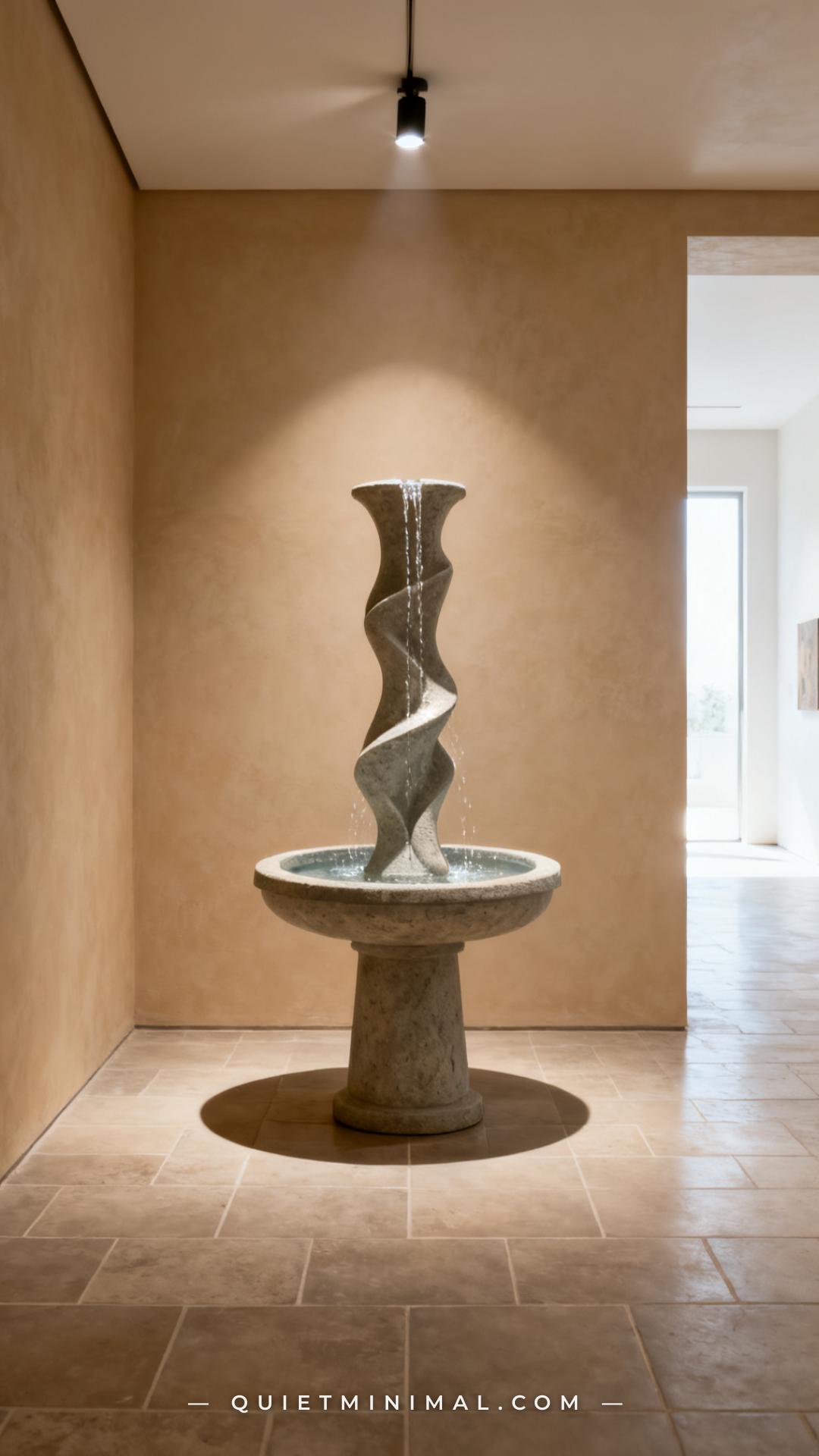 A wide-angle interior photograph shows a minimalist entryway with a single sculptural focal point: a tall