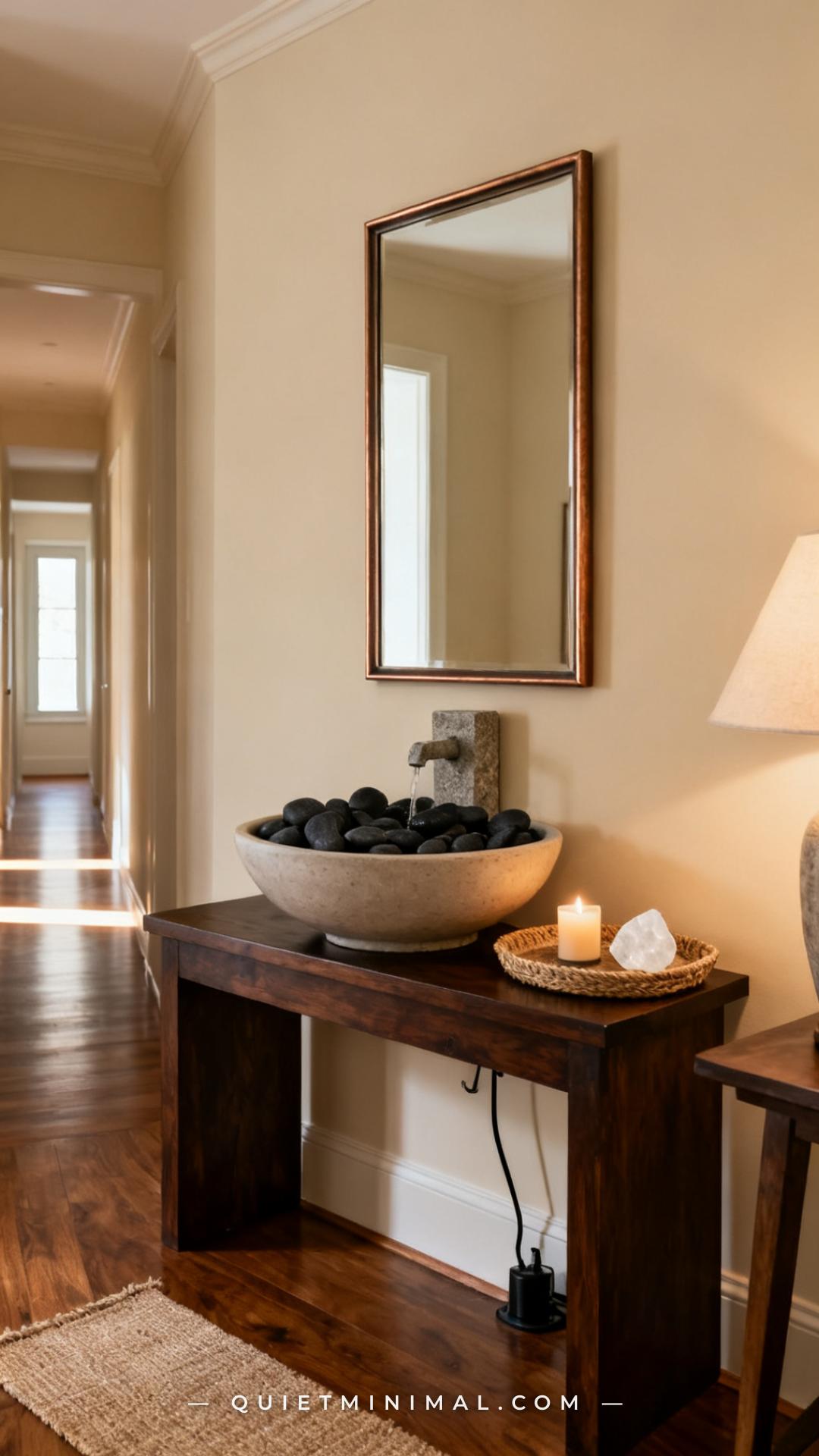 A medium-wide composition showing a low dark-stained wood console table in a transitional-style entryway with warm cream