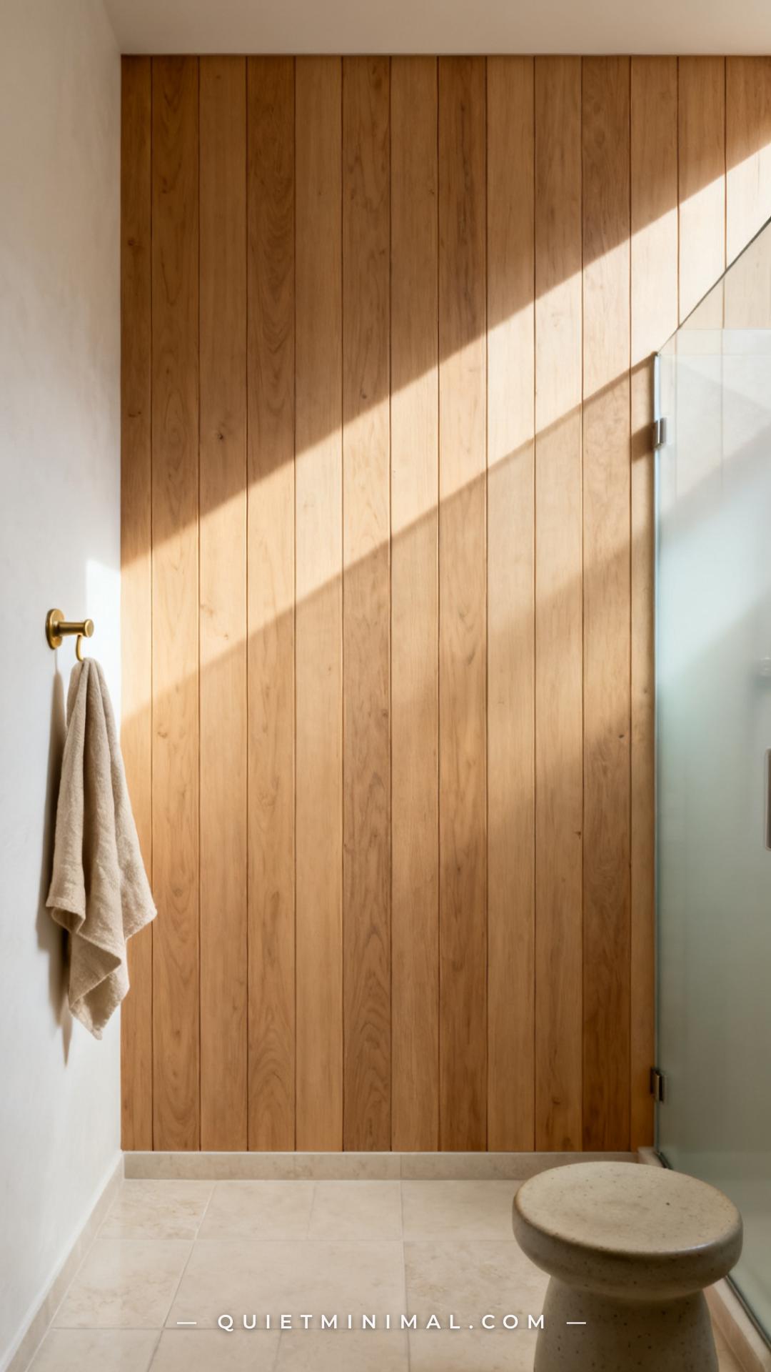 A medium-wide composition showing one full accent wall in a Japandi bathroom clad in vertical shiplap panels of pale oil