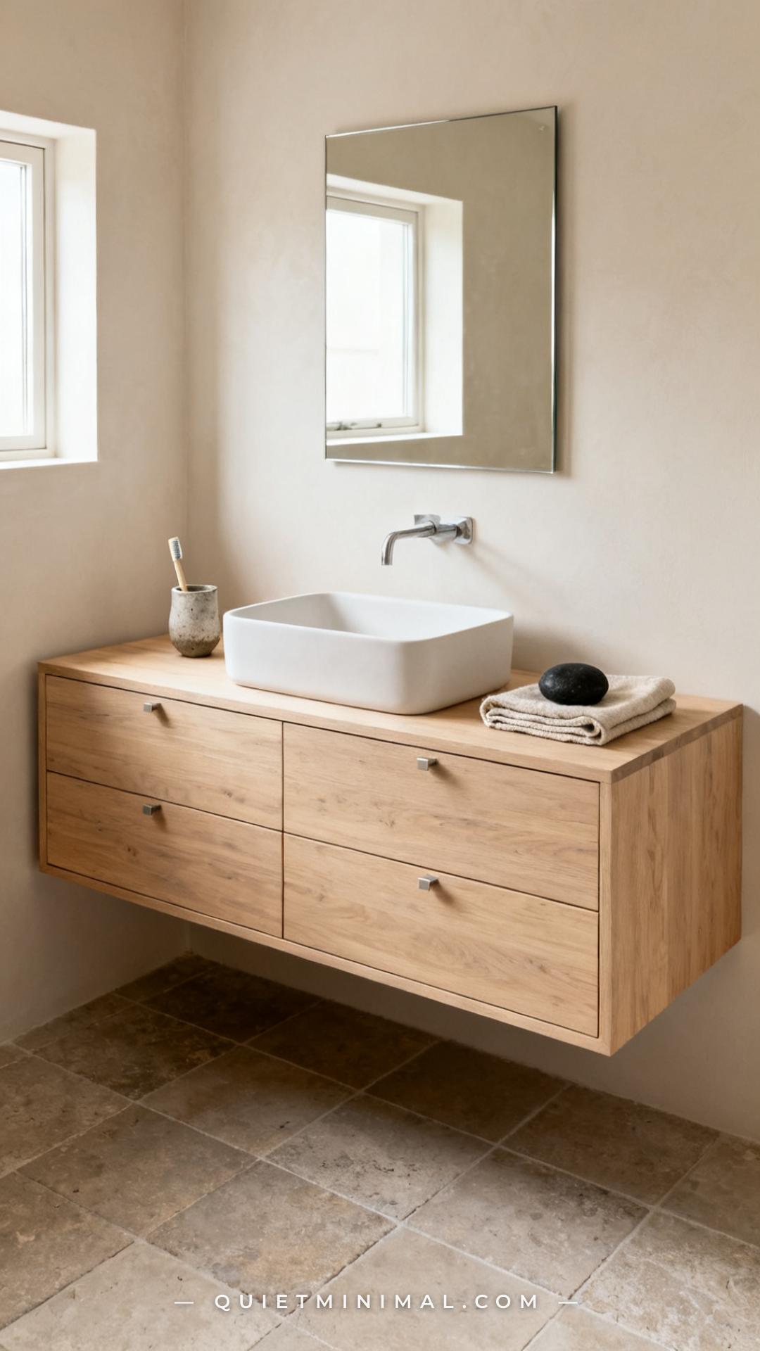 An establishing shot of a Japandi bathroom vanity area photographed from a slight angle