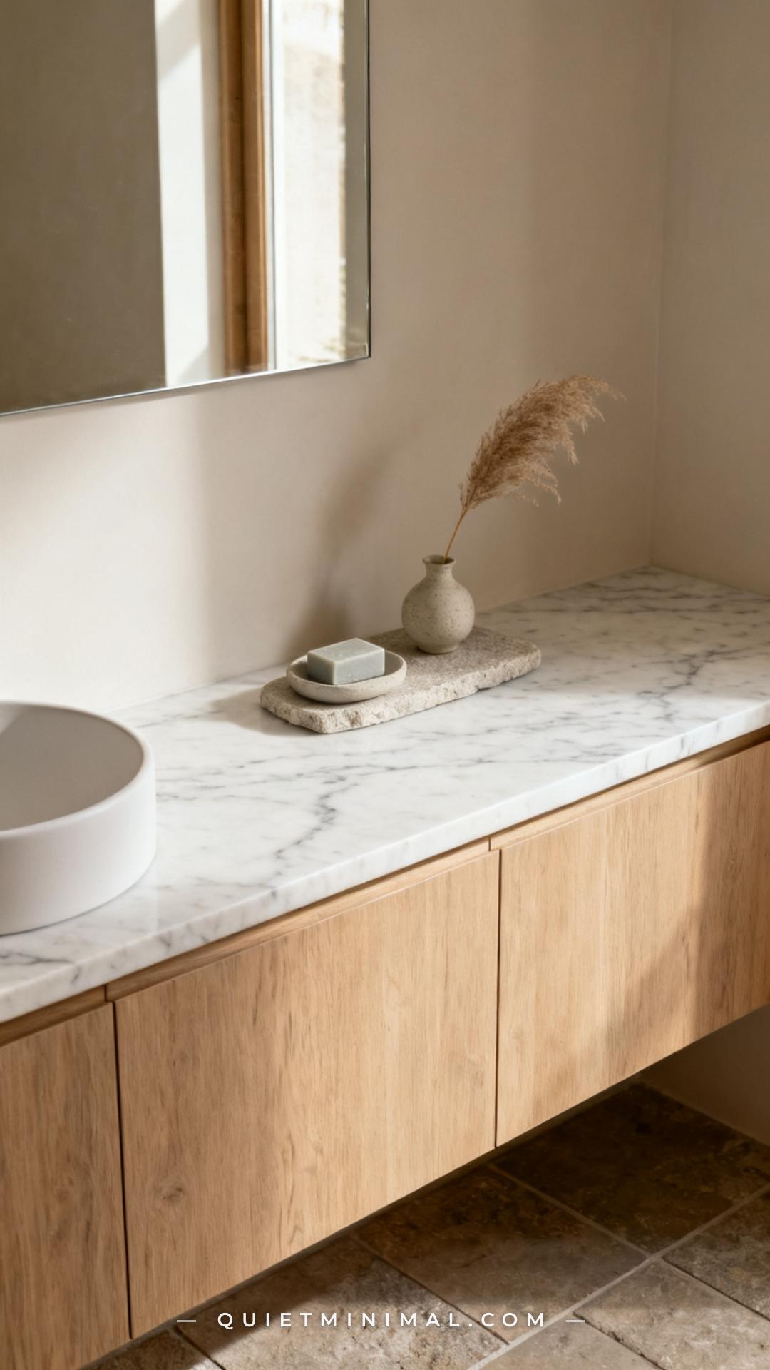 A medium-wide shot of a Japandi bathroom countertop in honed white carrara-look quartz with soft grey veining