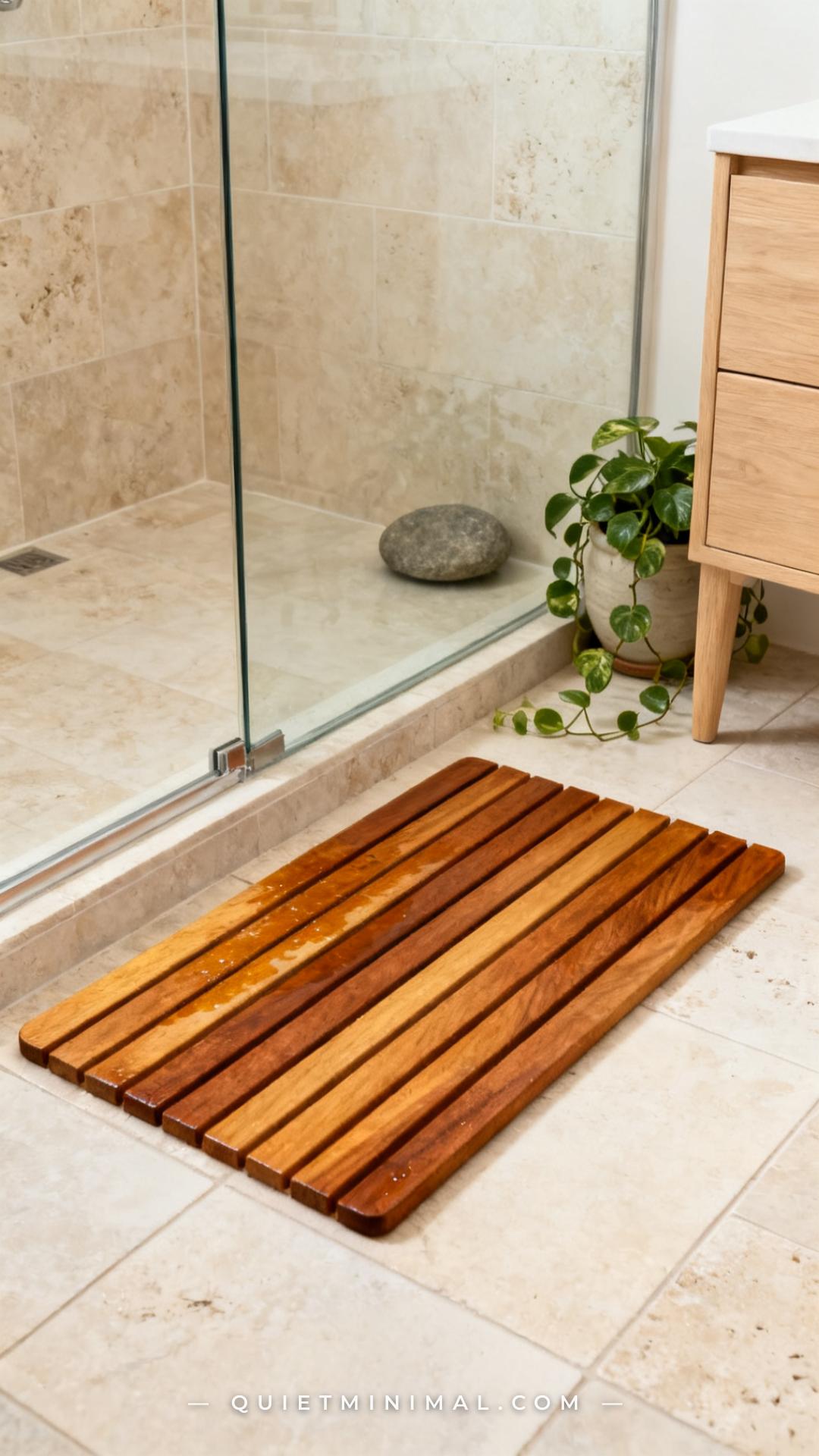 A wide vertical photograph of a Japandi bathroom floor scene