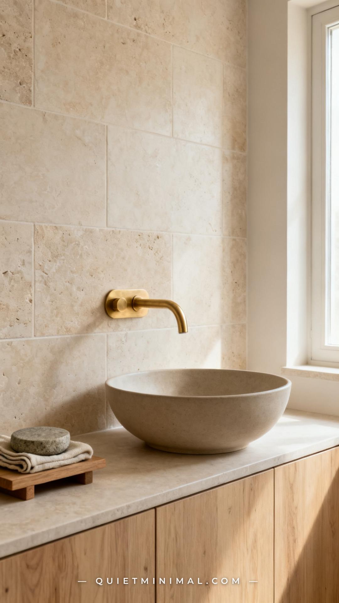 A medium-wide interior photograph showing a Japandi bathroom wall with an unlacquered brass wall-mounted faucet extendin
