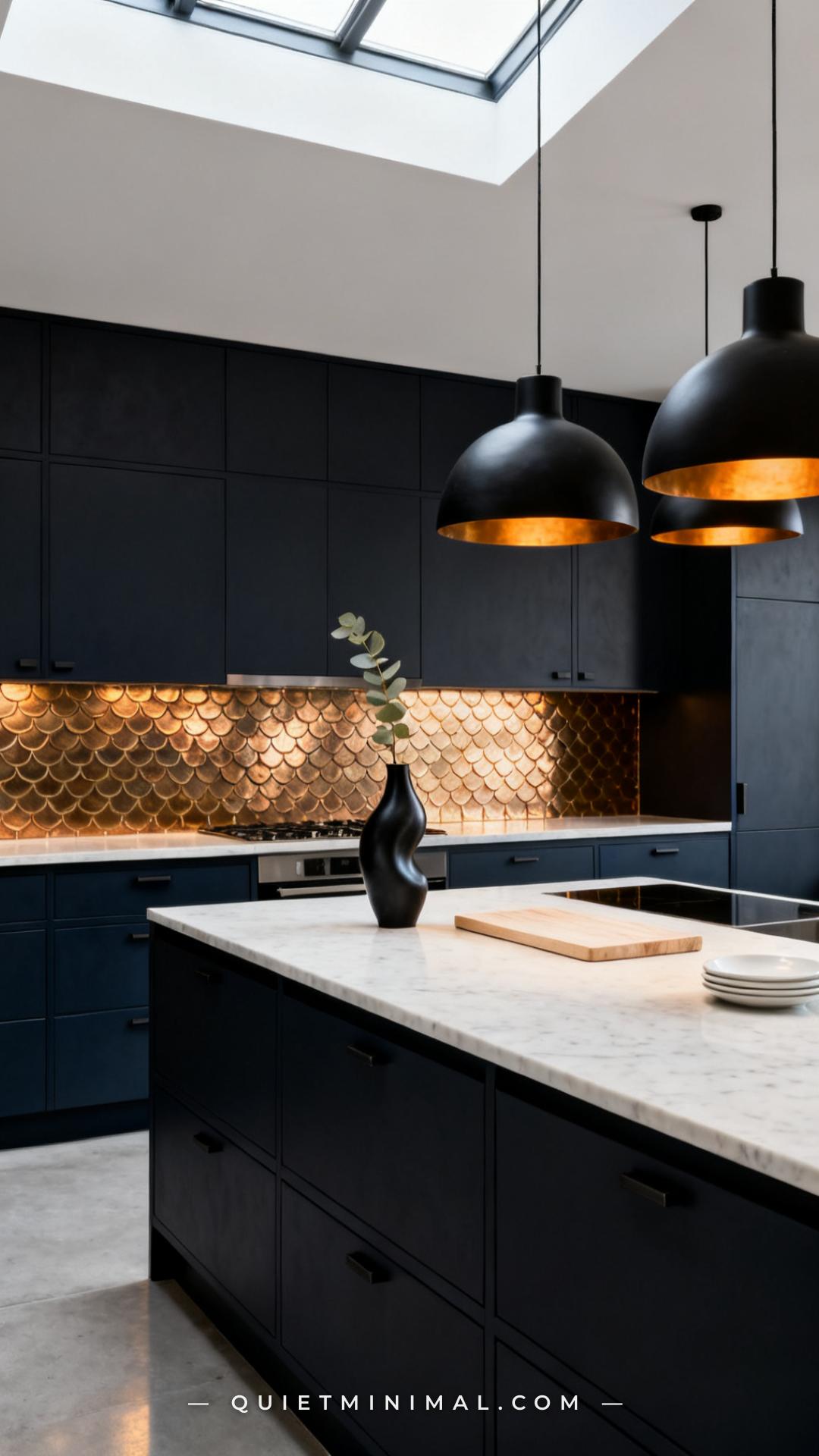 A vertical establishing shot of a full kitchen with flat-front cabinets painted in a deep slate — not quite navy