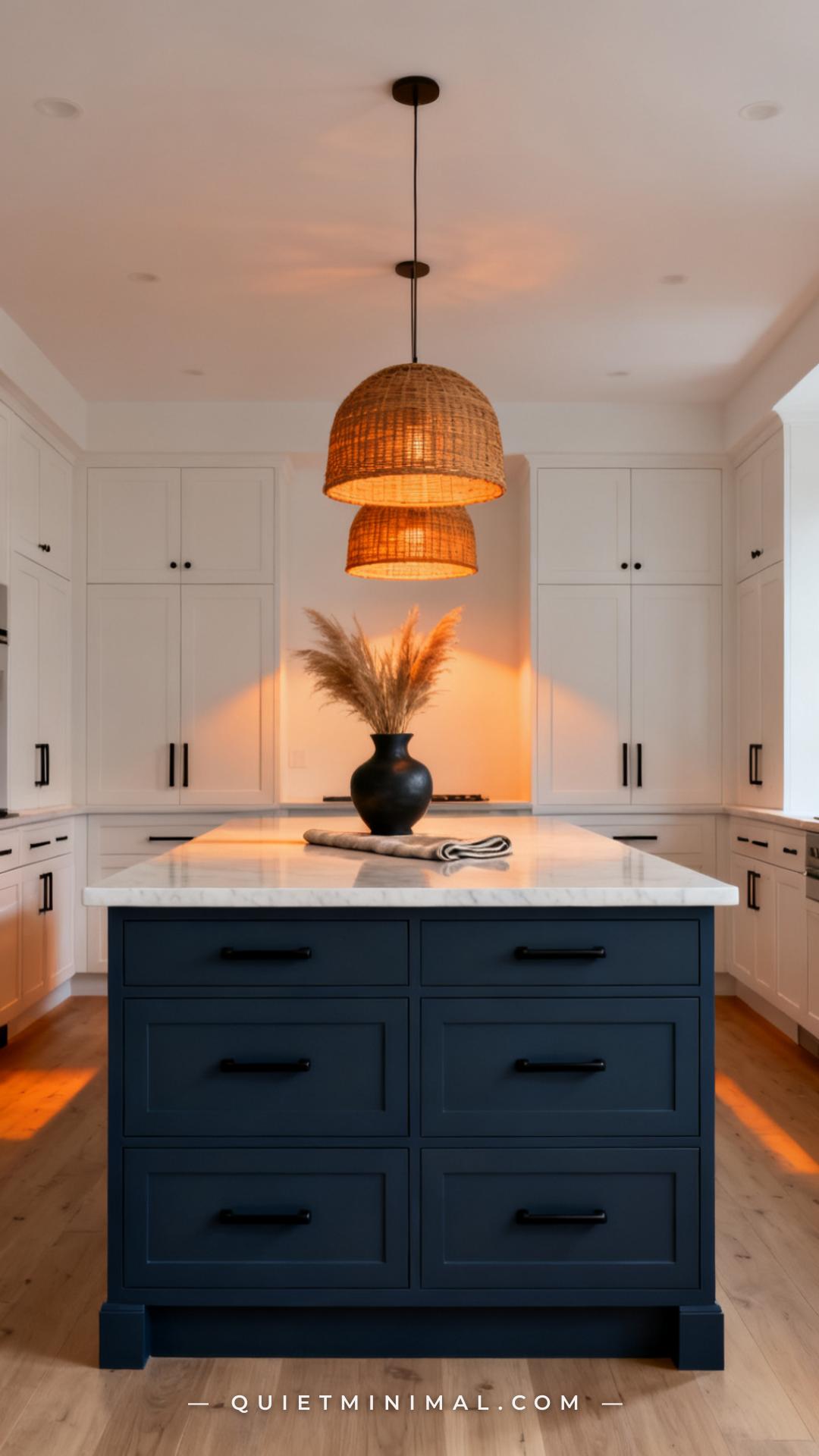 A medium-wide vertical photograph shows a kitchen island painted in deep muted navy