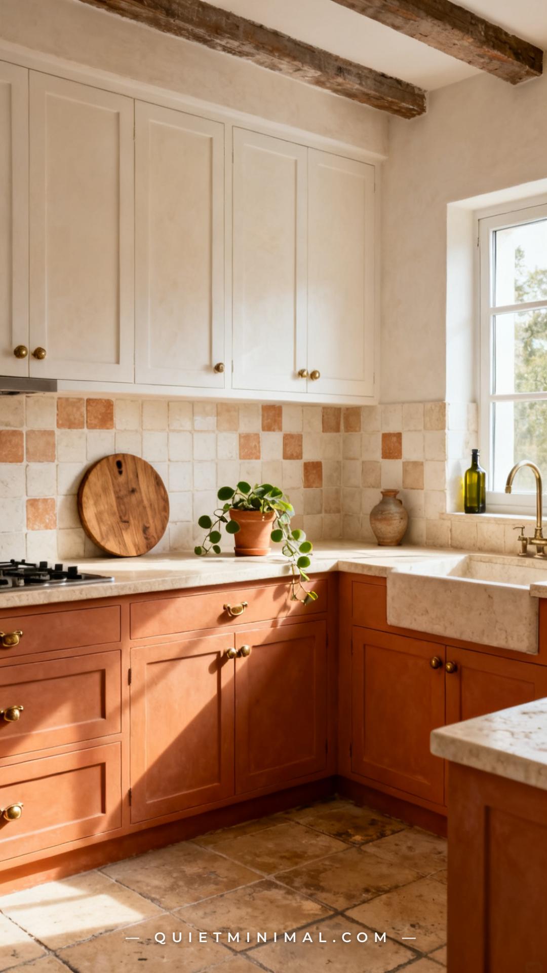 A vertical photograph establishes a full kitchen in warm afternoon light