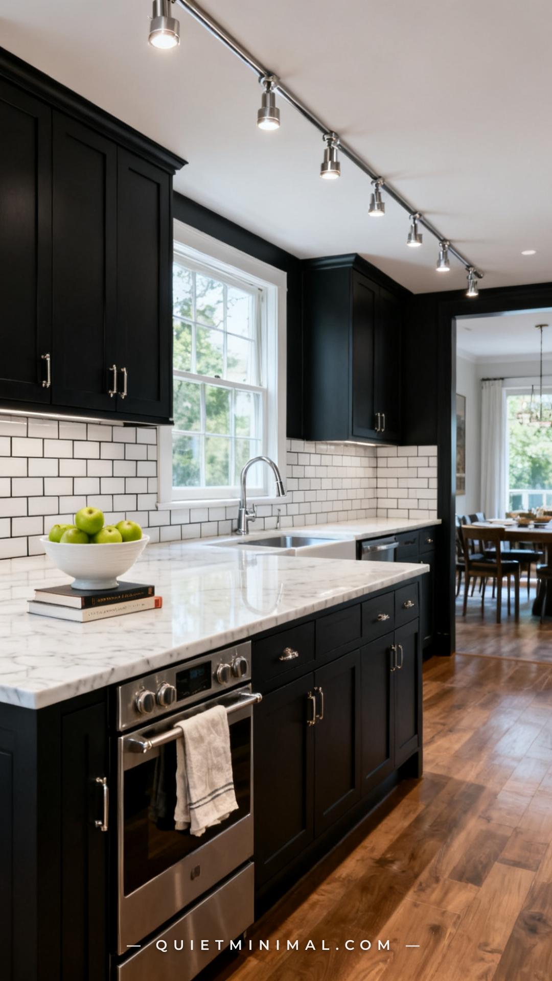 A wide-angle vertical photograph shows an entire kitchen with flat-front cabinets painted in a near-black charcoal — war