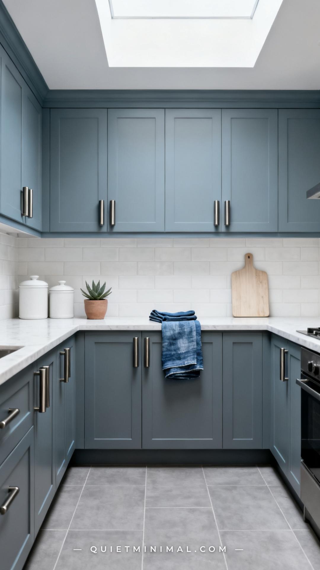 A vertical wide-angle photograph establishes a full kitchen where every cabinet — upper and lower — is painted in a mute