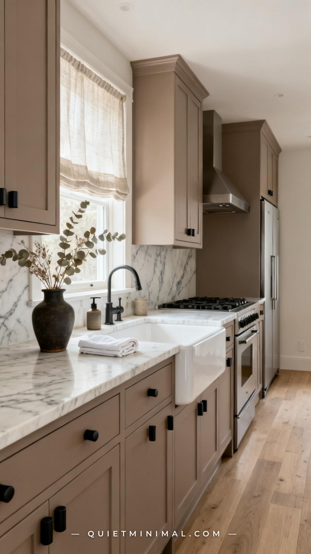 A vertical photograph captures the whole length of a kitchen from a doorway perspective
