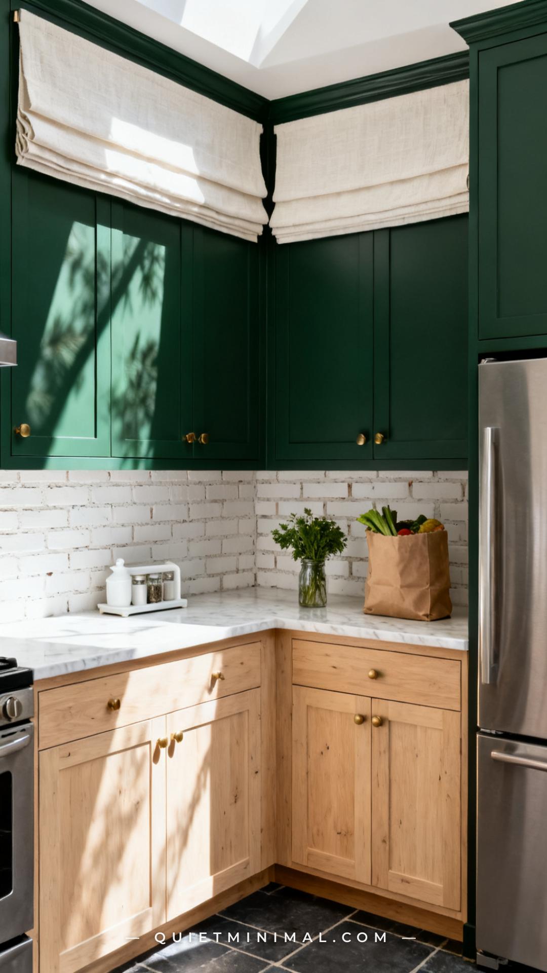 A vertical wide-angle shot establishes a compact kitchen with bold upper cabinets painted in a deep