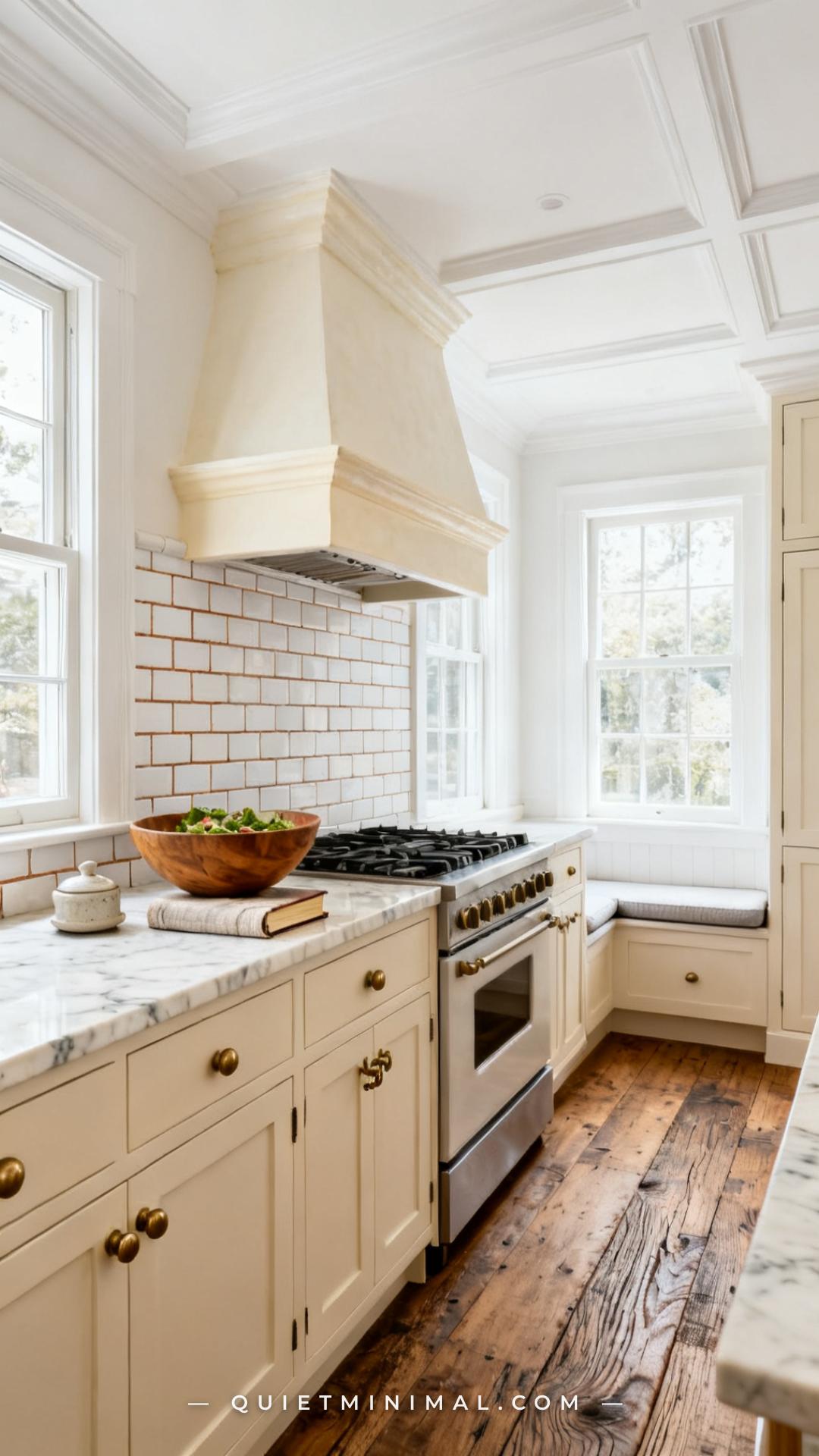 A medium-wide vertical photograph shows a full kitchen with cabinets painted in a warm off-white — distinctly creamy aga