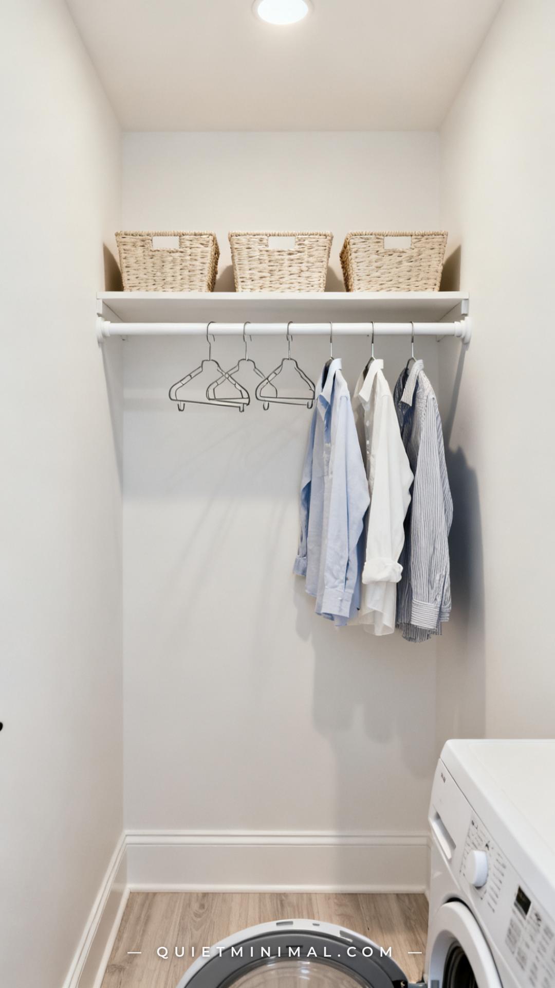 A vertical photograph captures the full interior of a small laundry room closet