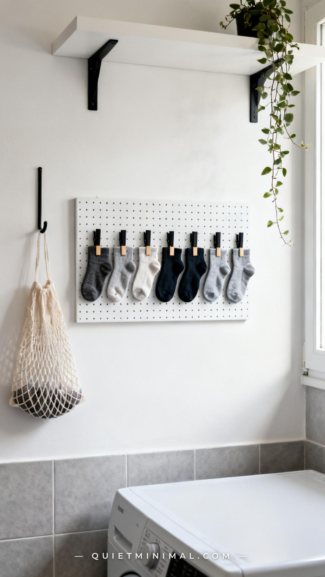 A vertical photograph shows the full view of a small white pegboard panel mounted on a laundry room wall between a float