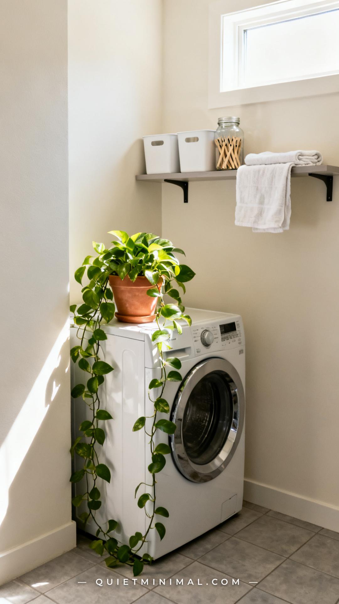 A vertical photograph captures the full corner of a small but bright laundry room