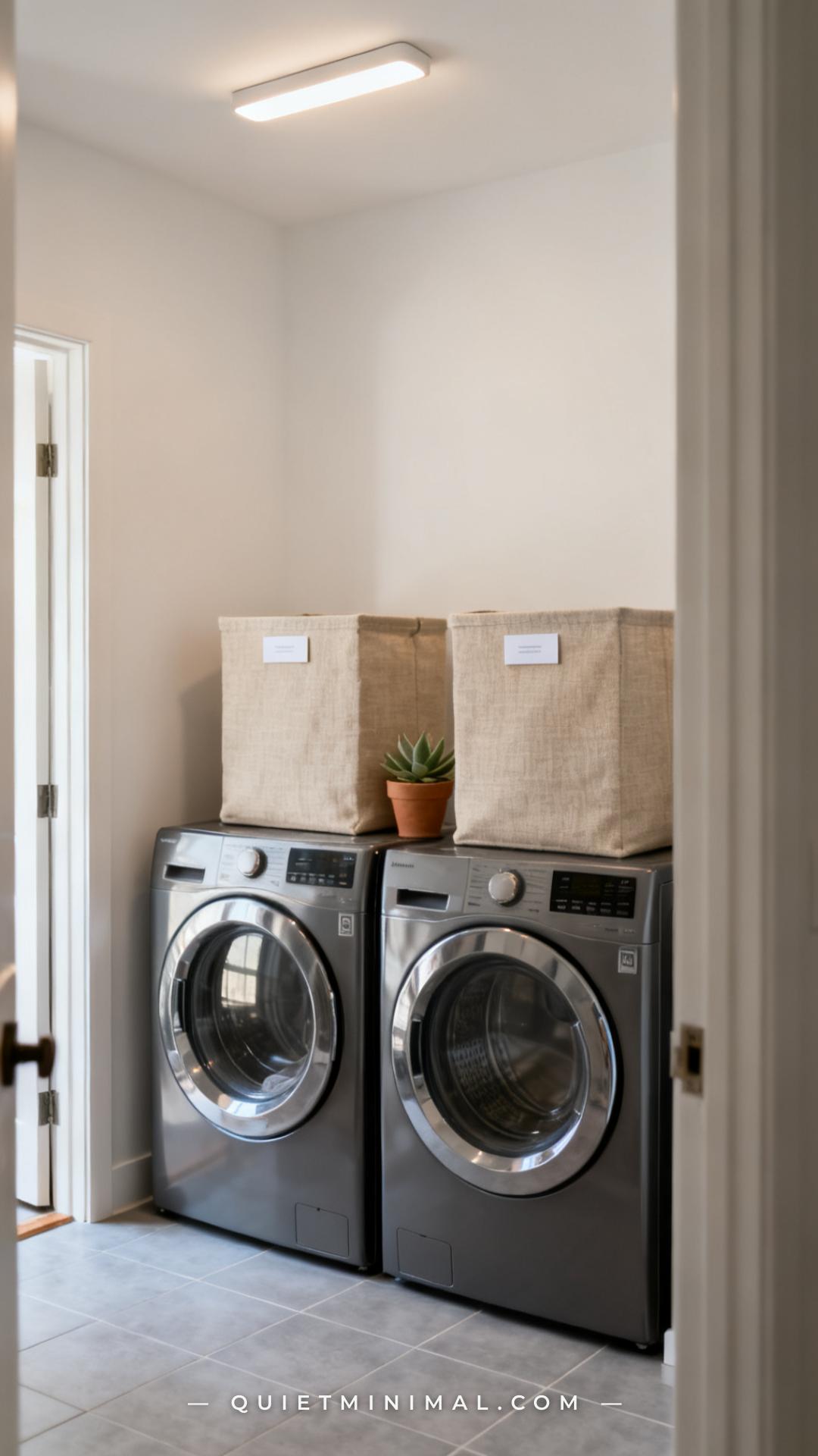 A vertical photograph establishes the full view of a laundry closet with the camera positioned slightly back and to the