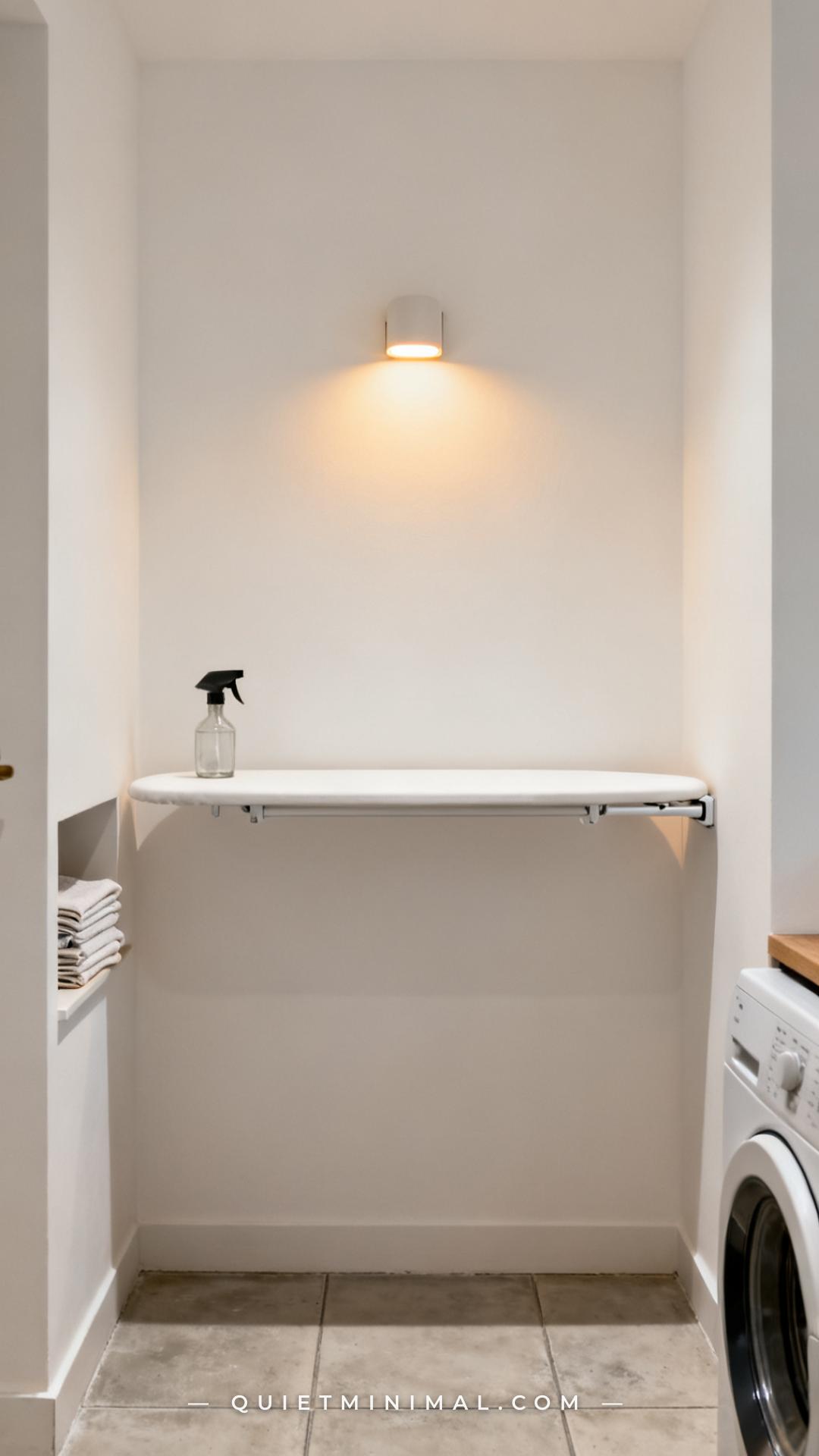 A vertical photograph captures the full width of a laundry room wall on which a white fold-down ironing board is mounted