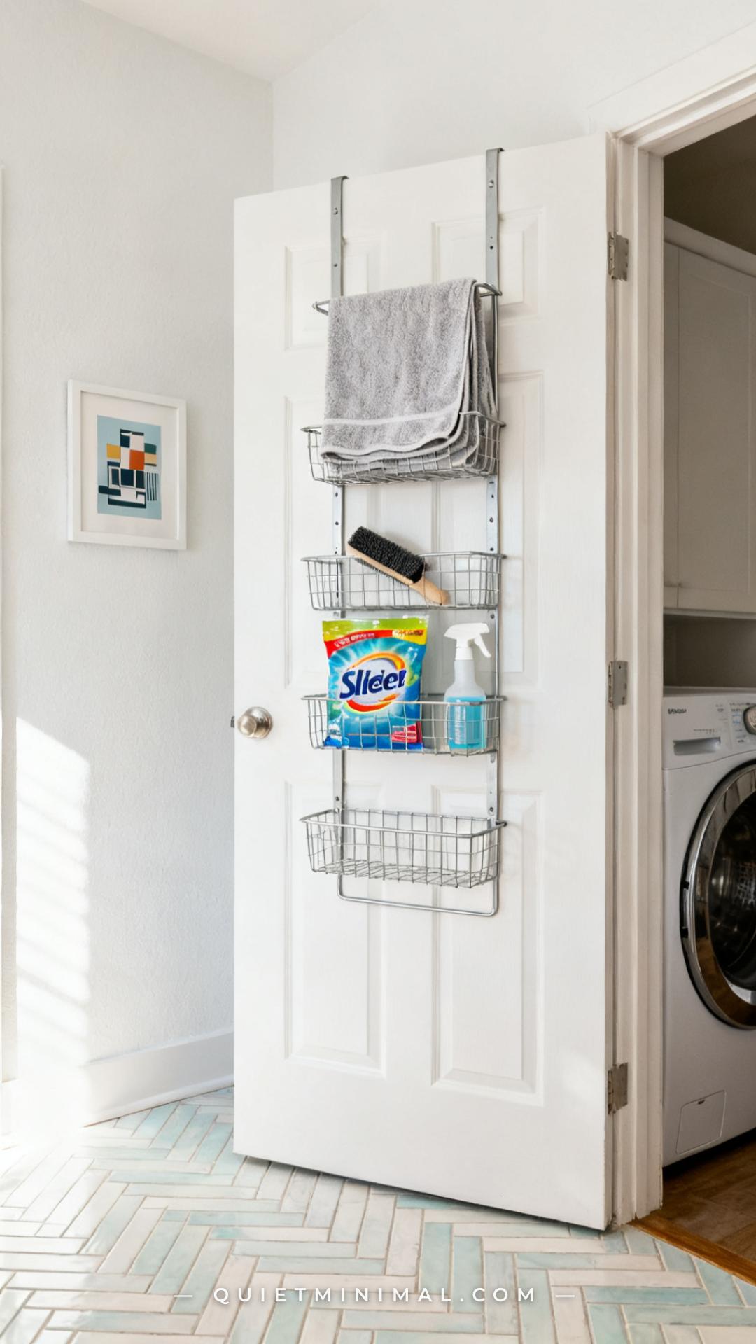 A vertical photograph shows the full height of a white laundry room door from floor to ceiling