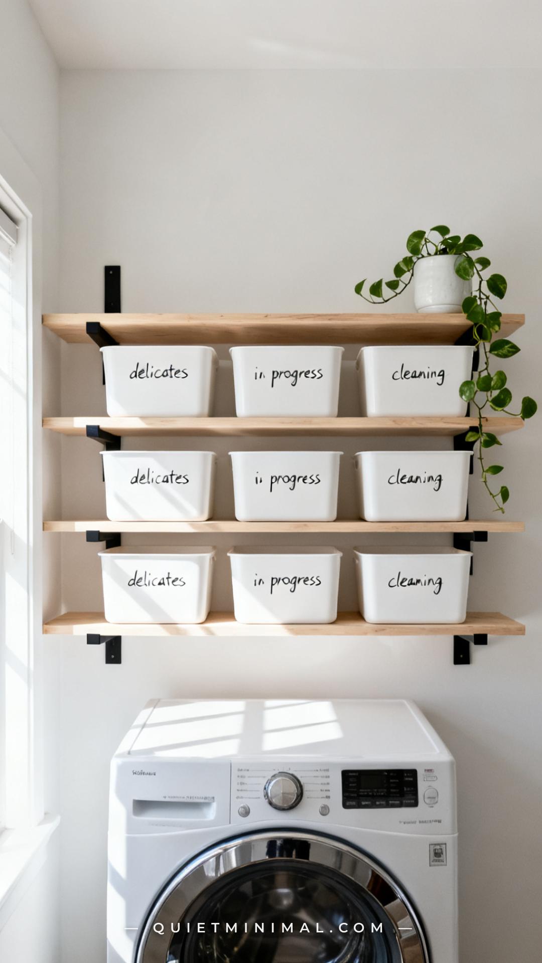 A vertical photograph establishes the full interior of a neat laundry shelf system mounted on a pale white wall