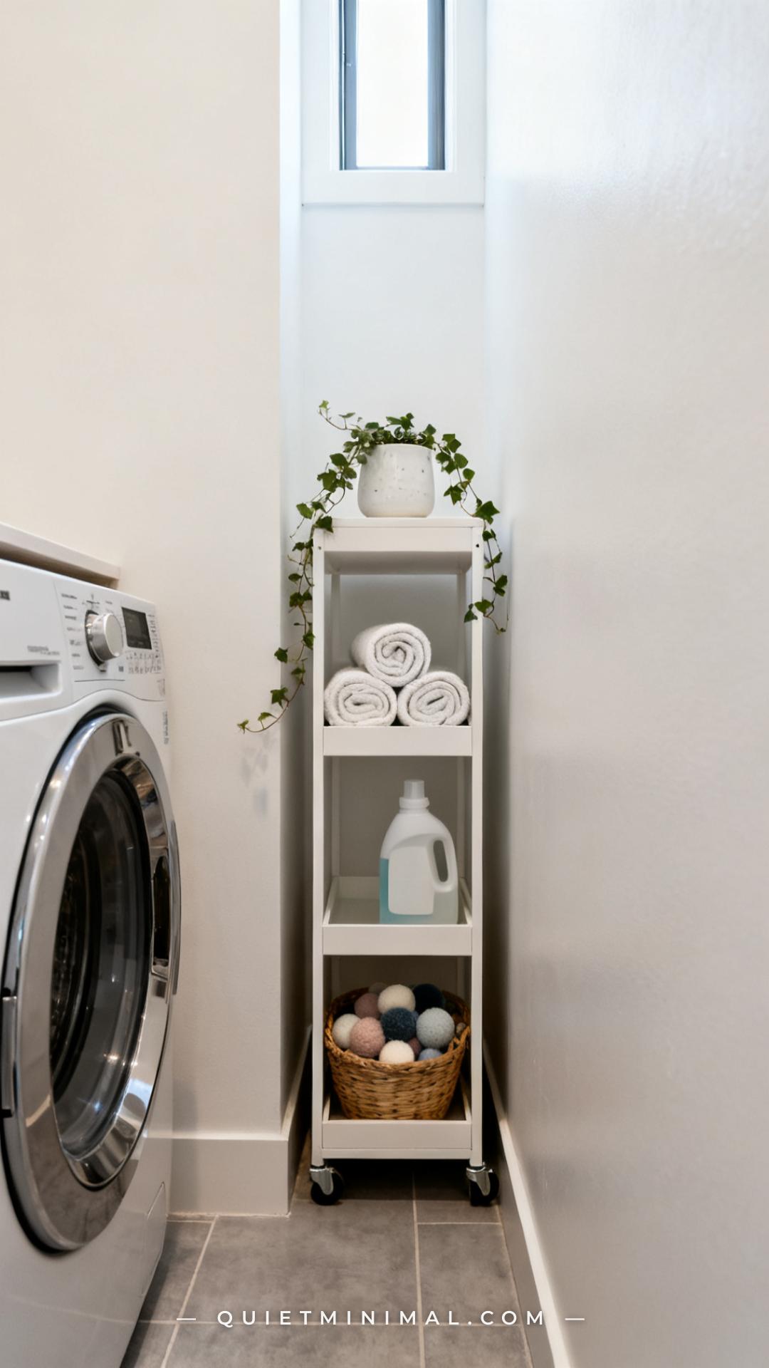 A vertical photograph captures the full side view of a narrow laundry room showing the gap between a front-load dryer an