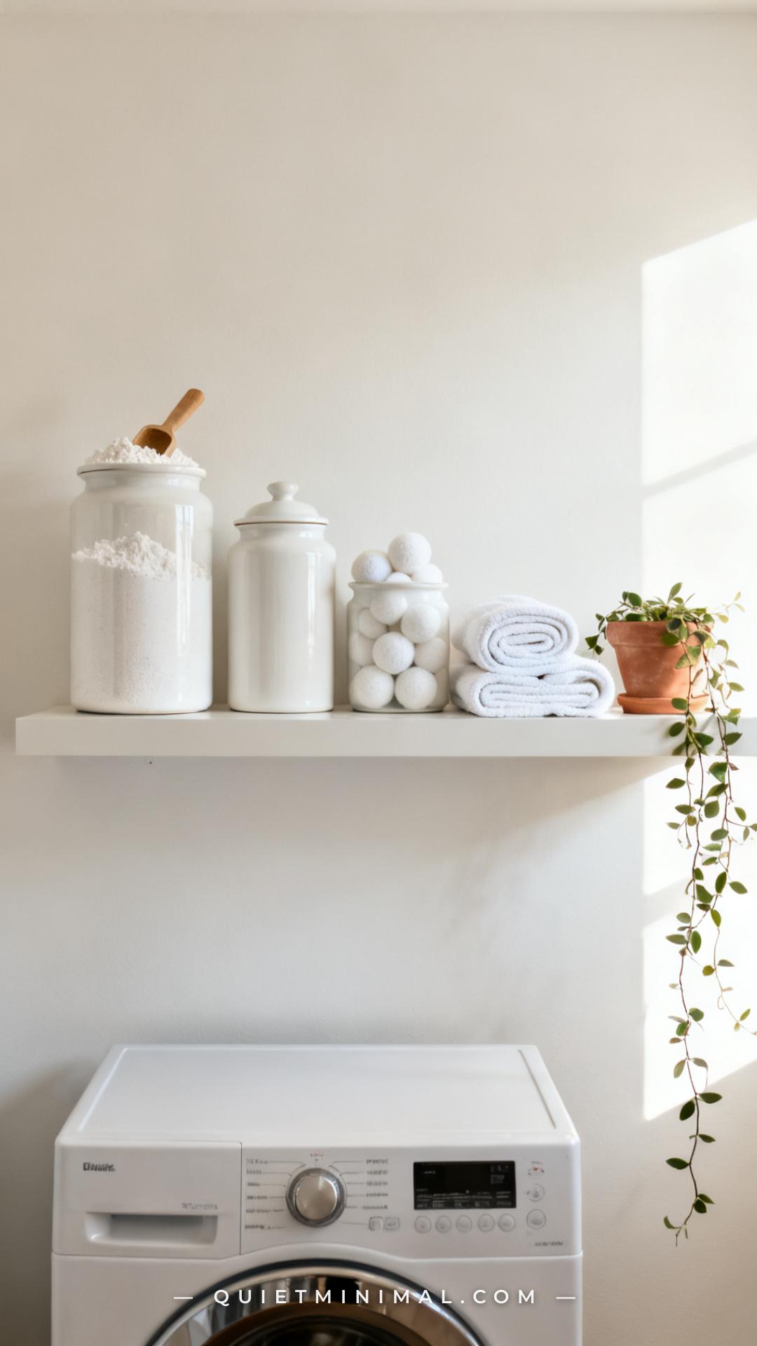 A vertical photograph captures a full floating shelf mounted at eye level in a bright laundry room