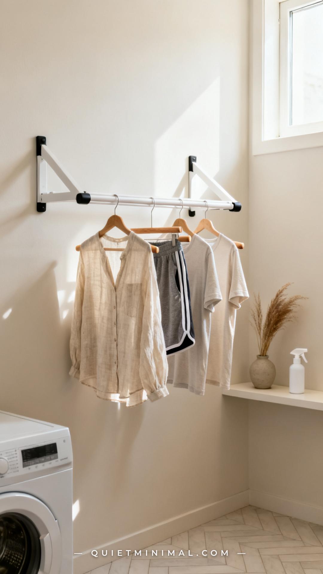 A vertical photograph establishes the full width of a light-filled laundry room wall on which a wall-mounted folding dry