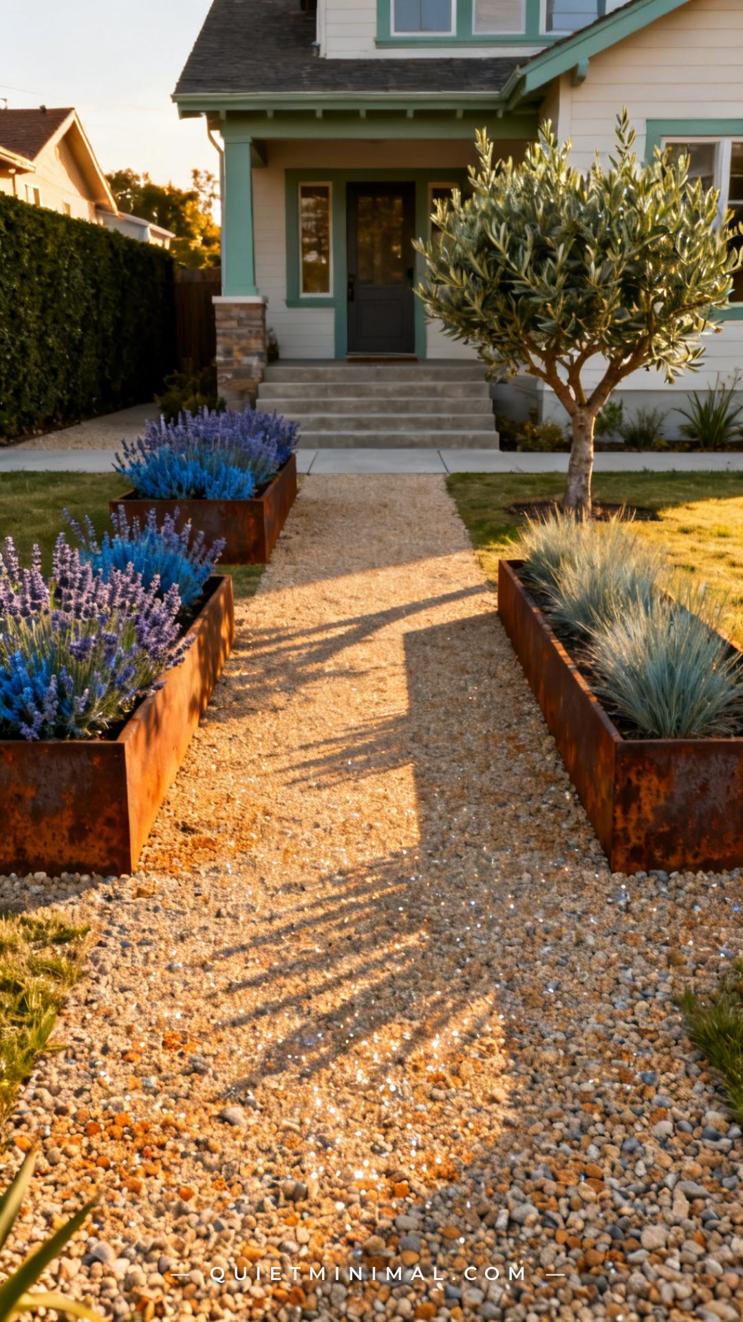 A wide-angle vertical photograph captures the full front yard of a California bungalow with a decomposed granite ground
