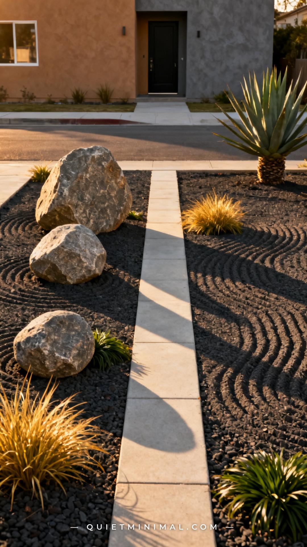 A wide vertical photograph establishes a full front yard designed as a zen-style dry garden