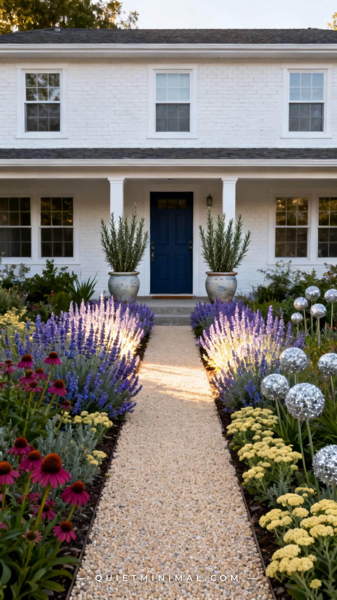 A wide vertical photograph establishes the full front yard of a suburban two-story home replaced with a layered drought-