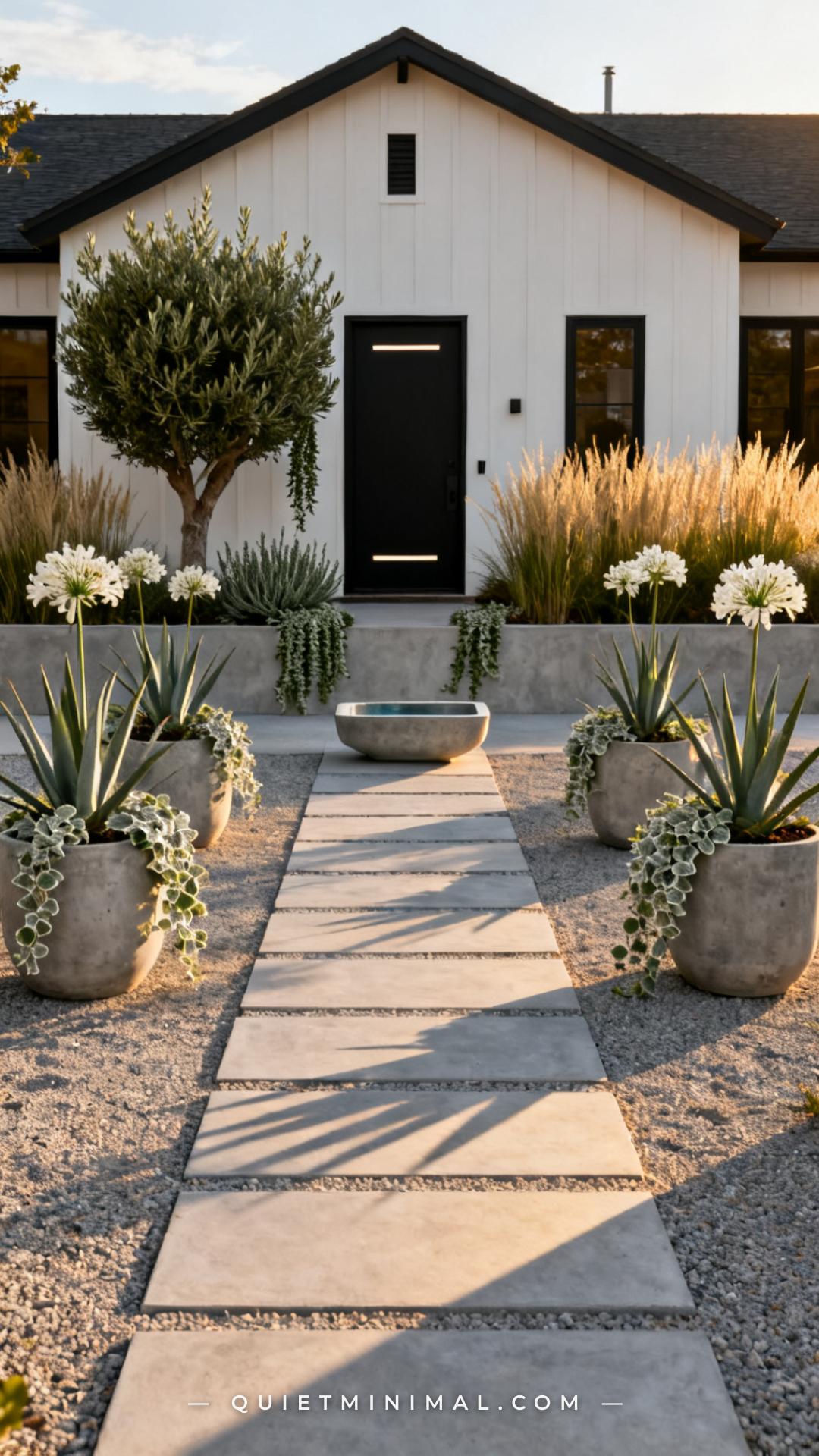 A wide vertical photograph captures the full front elevation of a modern farmhouse-style home with a hardscape-forward f