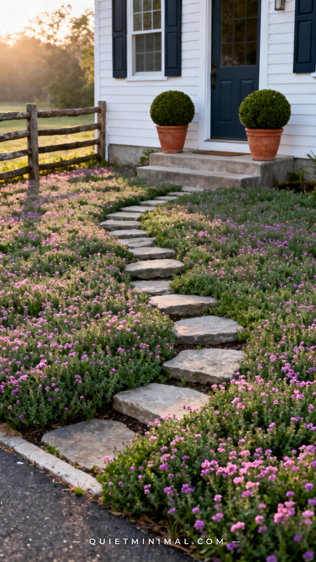 A medium-wide vertical photograph captures an entire small front yard planted wall-to-wall with creeping thyme ground co