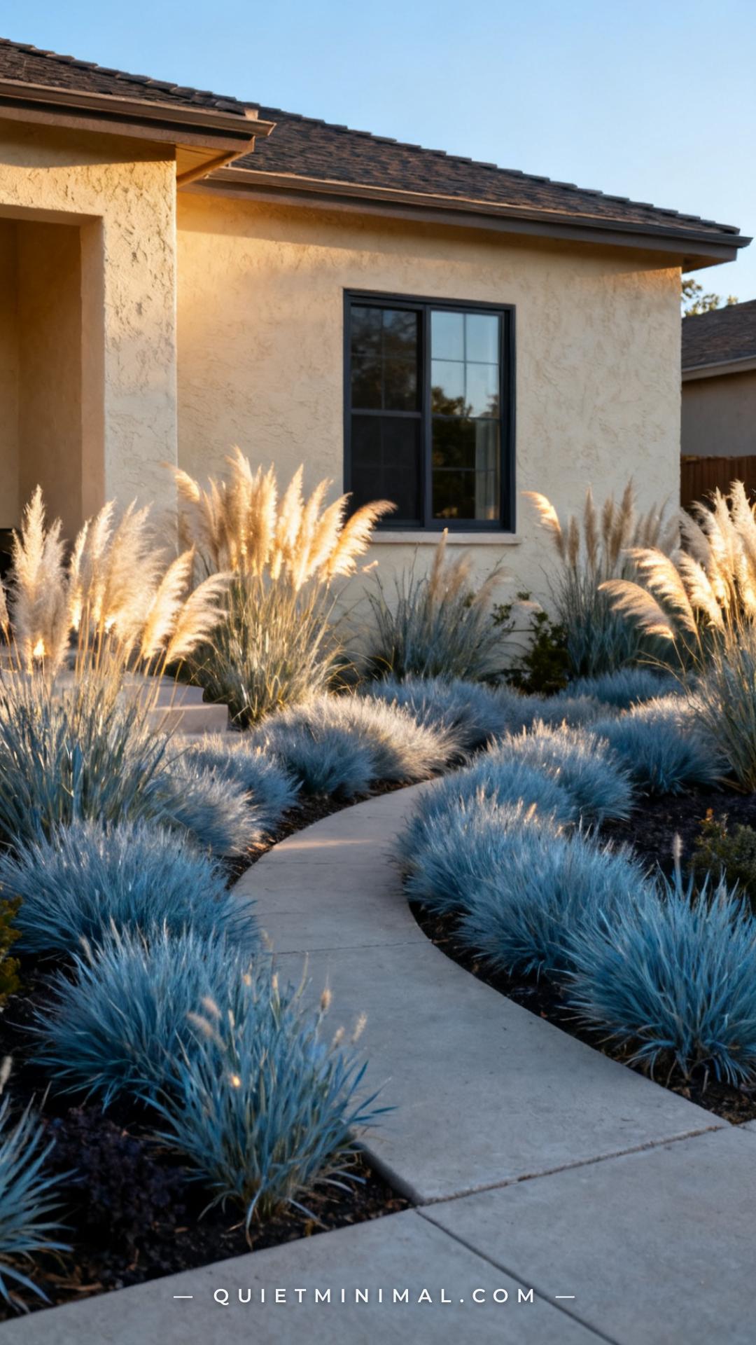A wide establishing shot of a suburban front yard planted entirely with masses of ornamental grasses instead of traditio