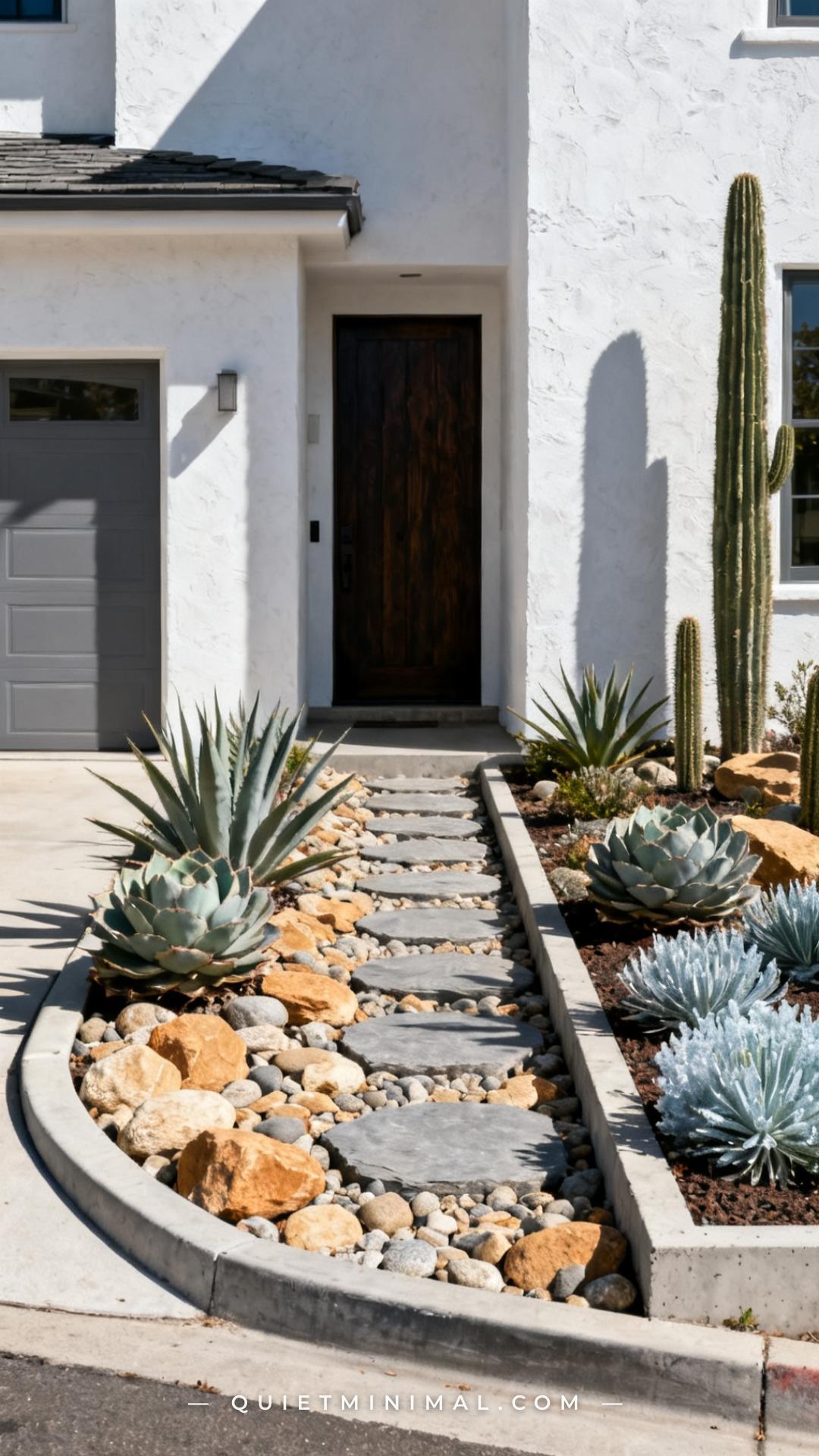 A vertical wide-angle photograph captures a complete front yard designed around a river rock and succulent palette