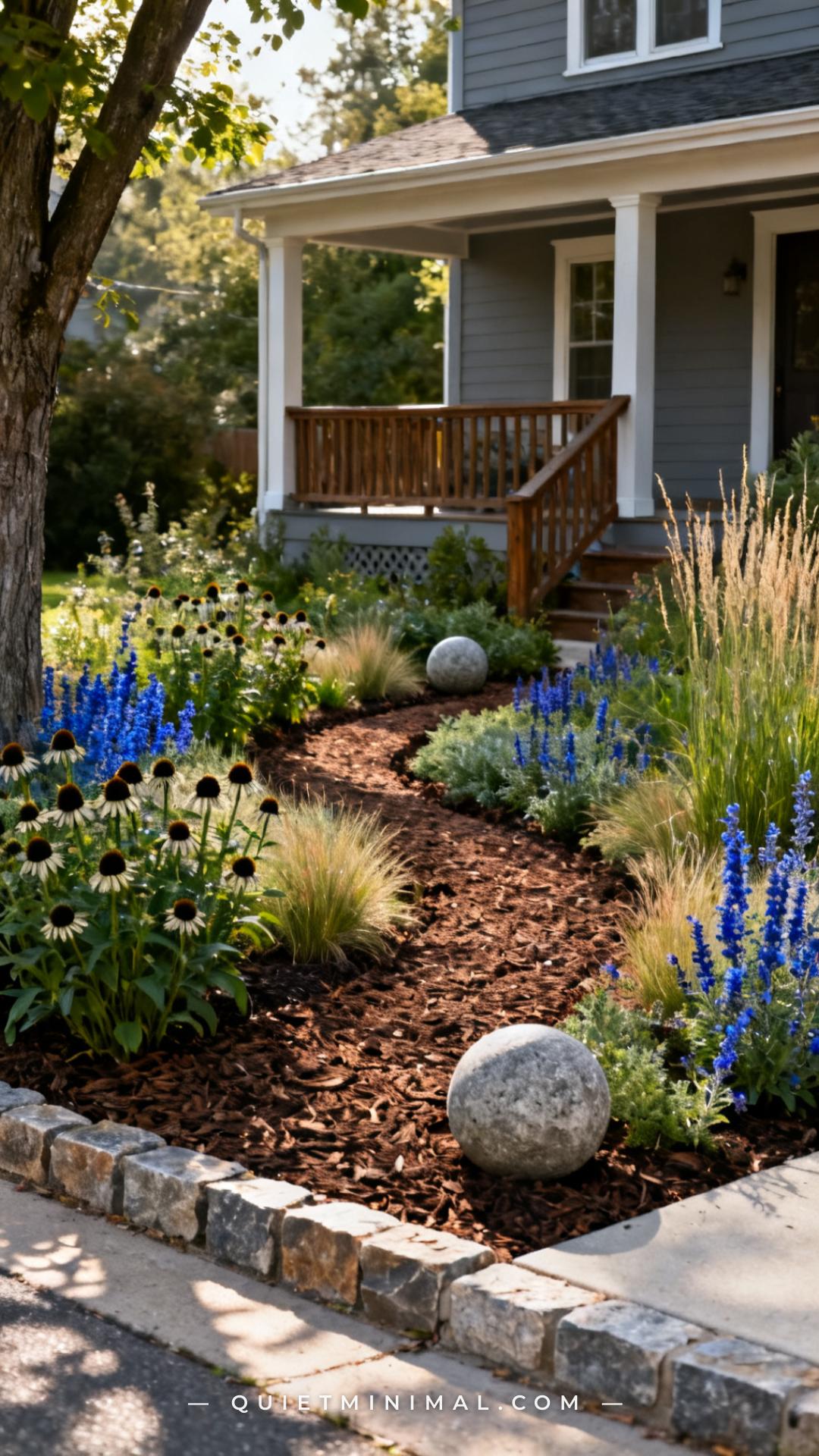 A wide vertical photograph captures the full front yard of a craftsman-style home replaced with a native plant garden