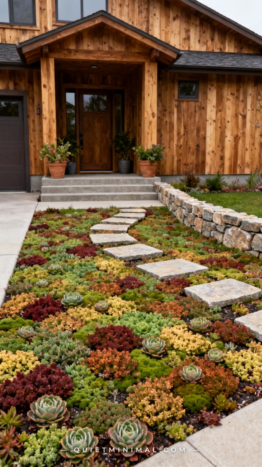 A wide-angle vertical photograph captures a small front yard completely covered in a low sedum carpet planting in a mix