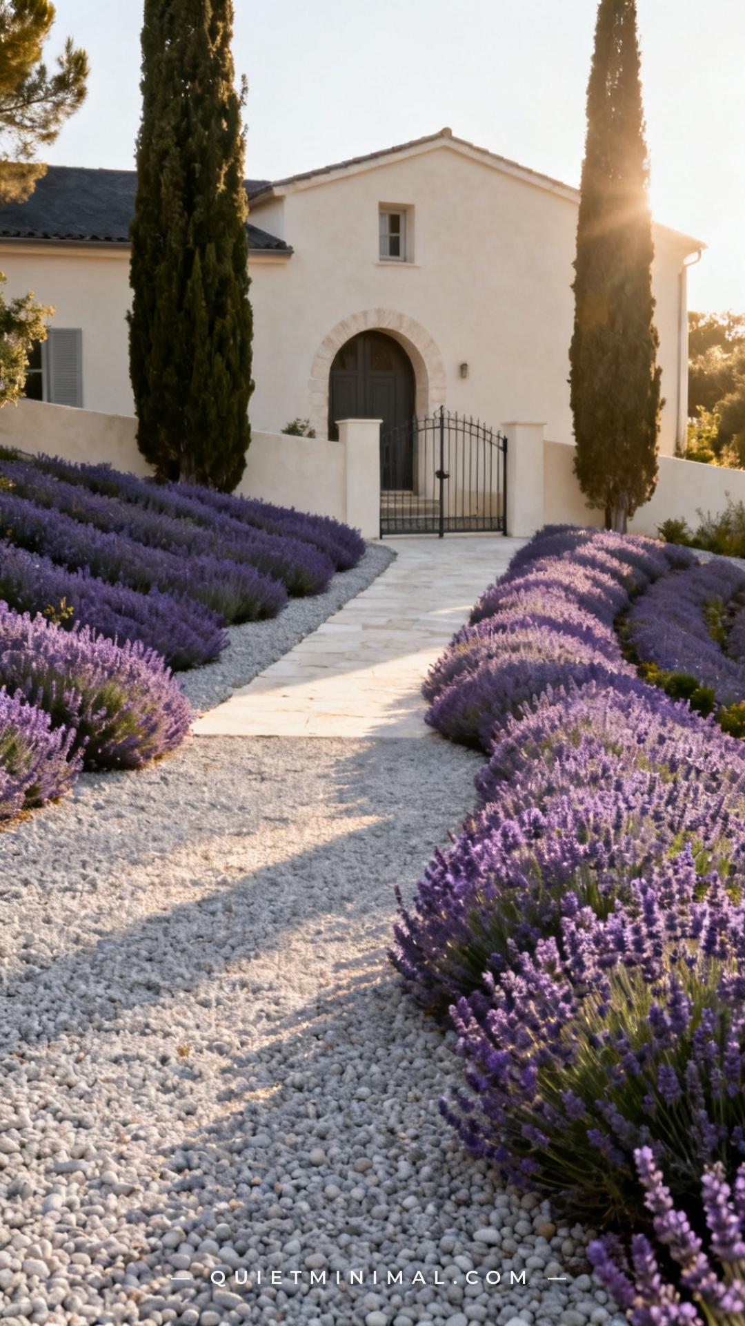 A medium-wide vertical photograph captures the full front yard of a French country-influenced home planted as a gravel a