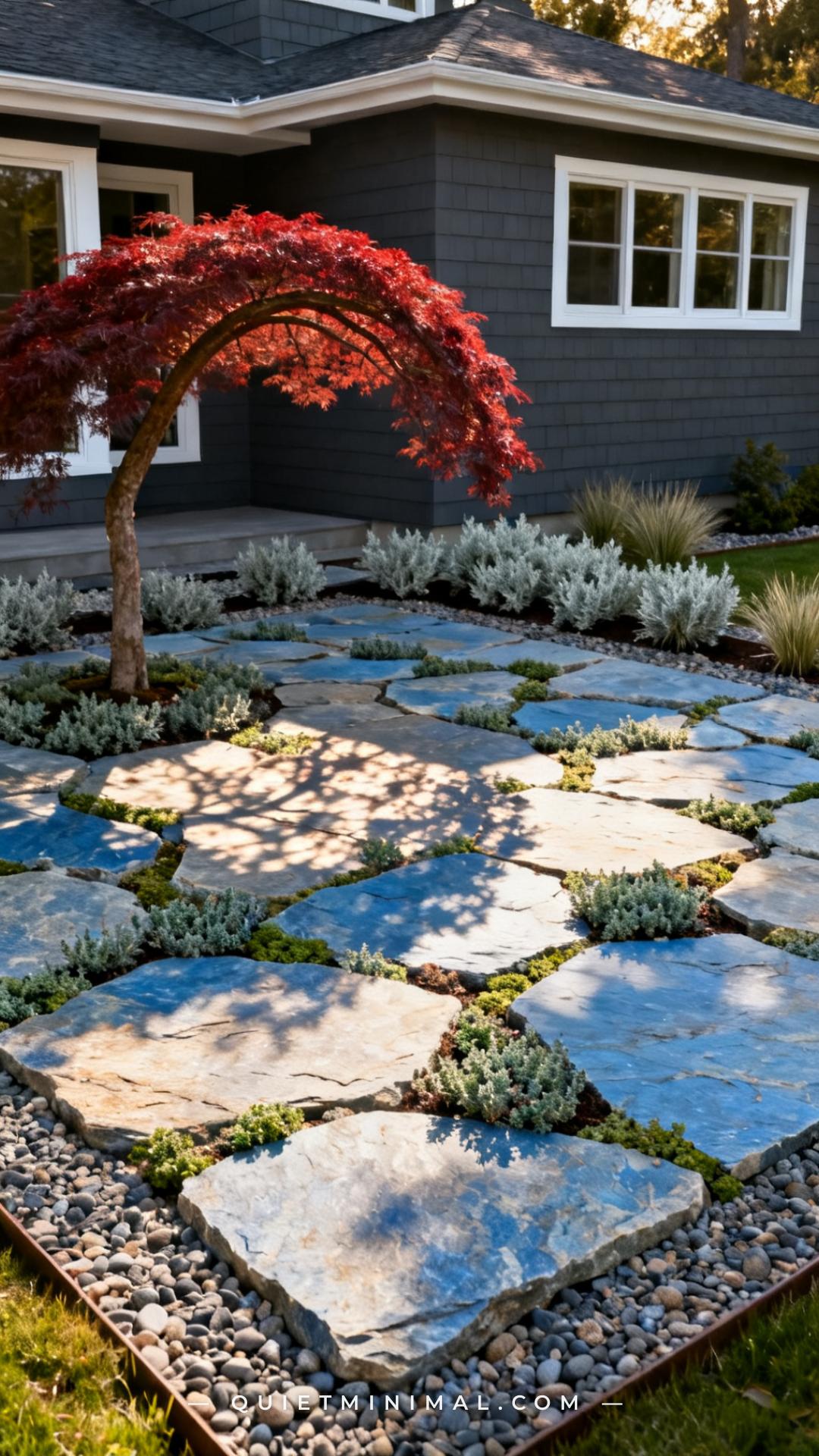 A wide vertical photograph captures the front yard of a mid-century modern home partially converted to a flagstone patio