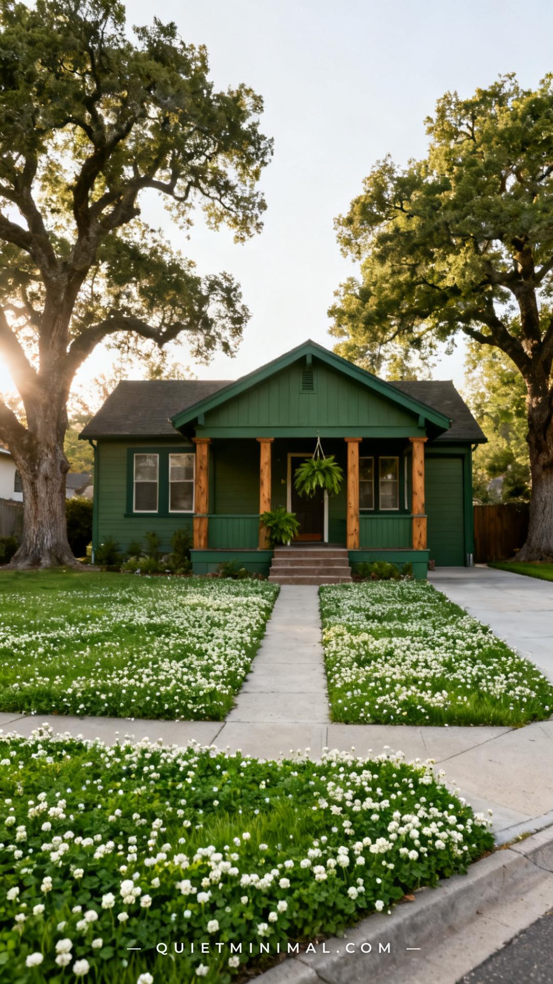 A wide vertical photograph captures the full front yard of a Craftsman bungalow planted entirely as a clover lawn