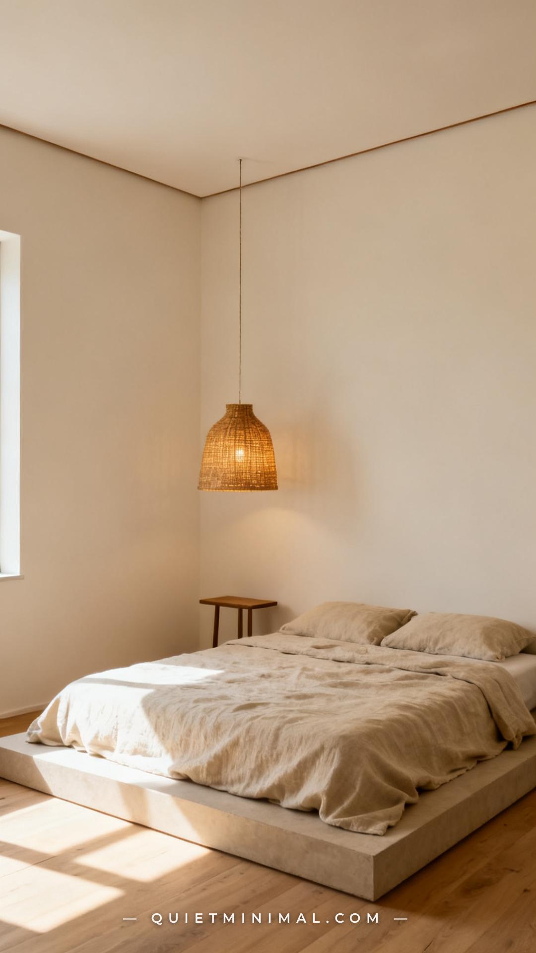 A wide establishing shot of a serene minimalist bedroom with walls painted in a warm off-white — somewhere between cream