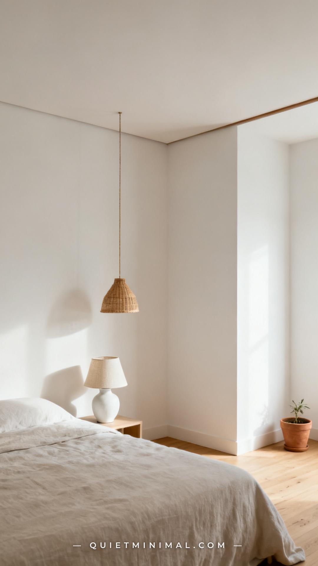 A wide-angle shot of a calm minimalist bedroom that clearly shows only three tones across the entire room: warm white wa
