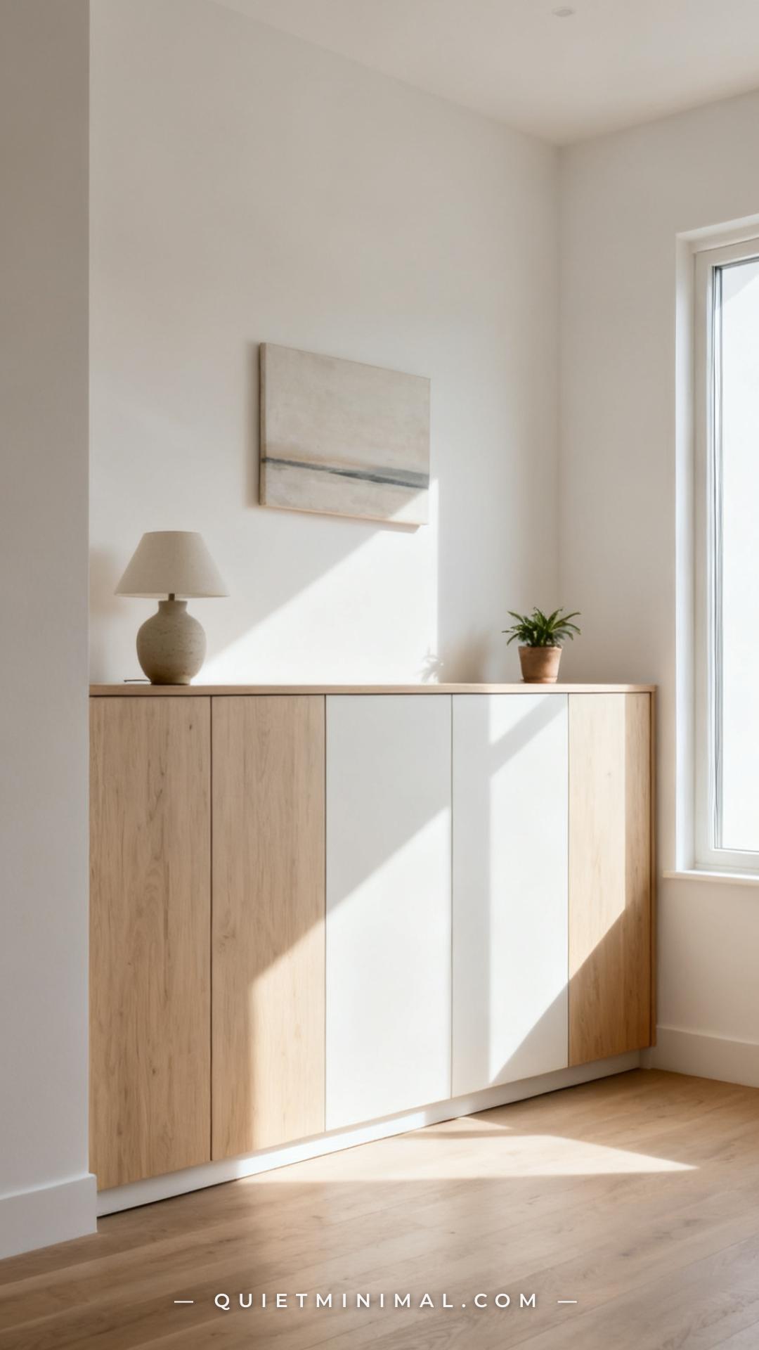 A wide establishing shot of a minimal entryway or living room wall featuring a built-in or freestanding closed credenza