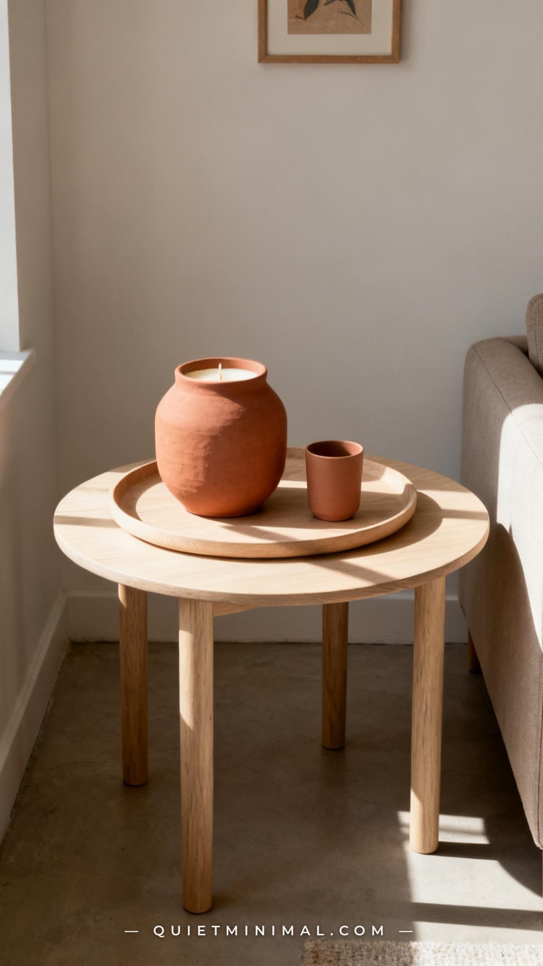 A medium-wide photograph of a minimal living room side table showing a single large ceramic candle vessel in matte terra