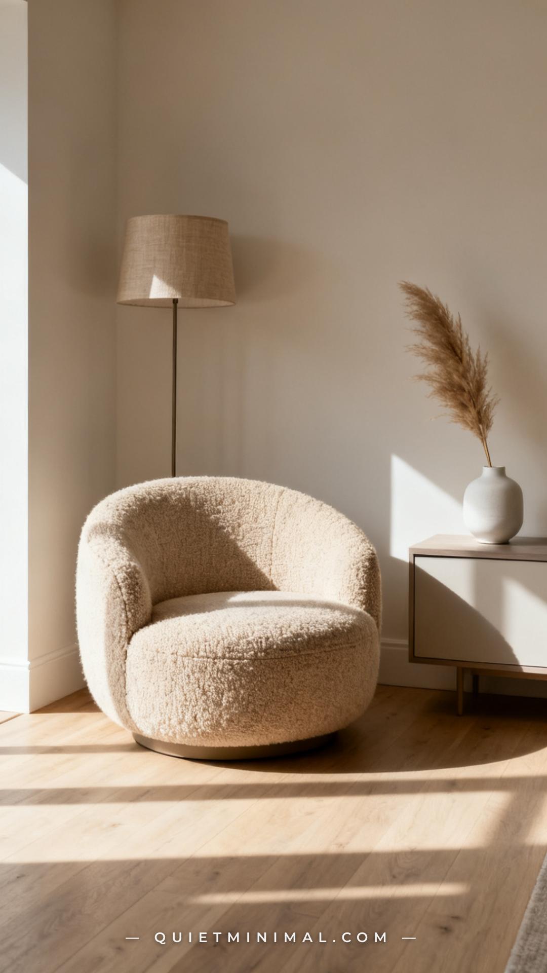 A medium-wide photograph of a living room corner anchored by a rounded boucle accent chair in oatmeal