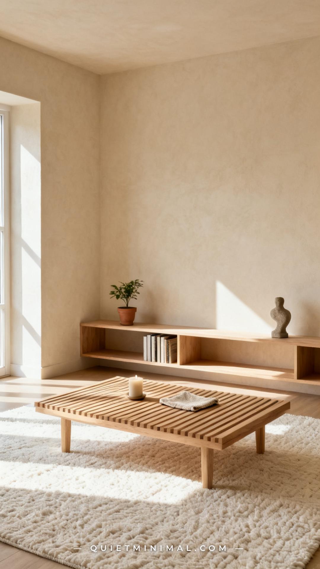 A wide interior shot of a minimal living room where two pale oak wood pieces anchor the space — a low slatted coffee tab