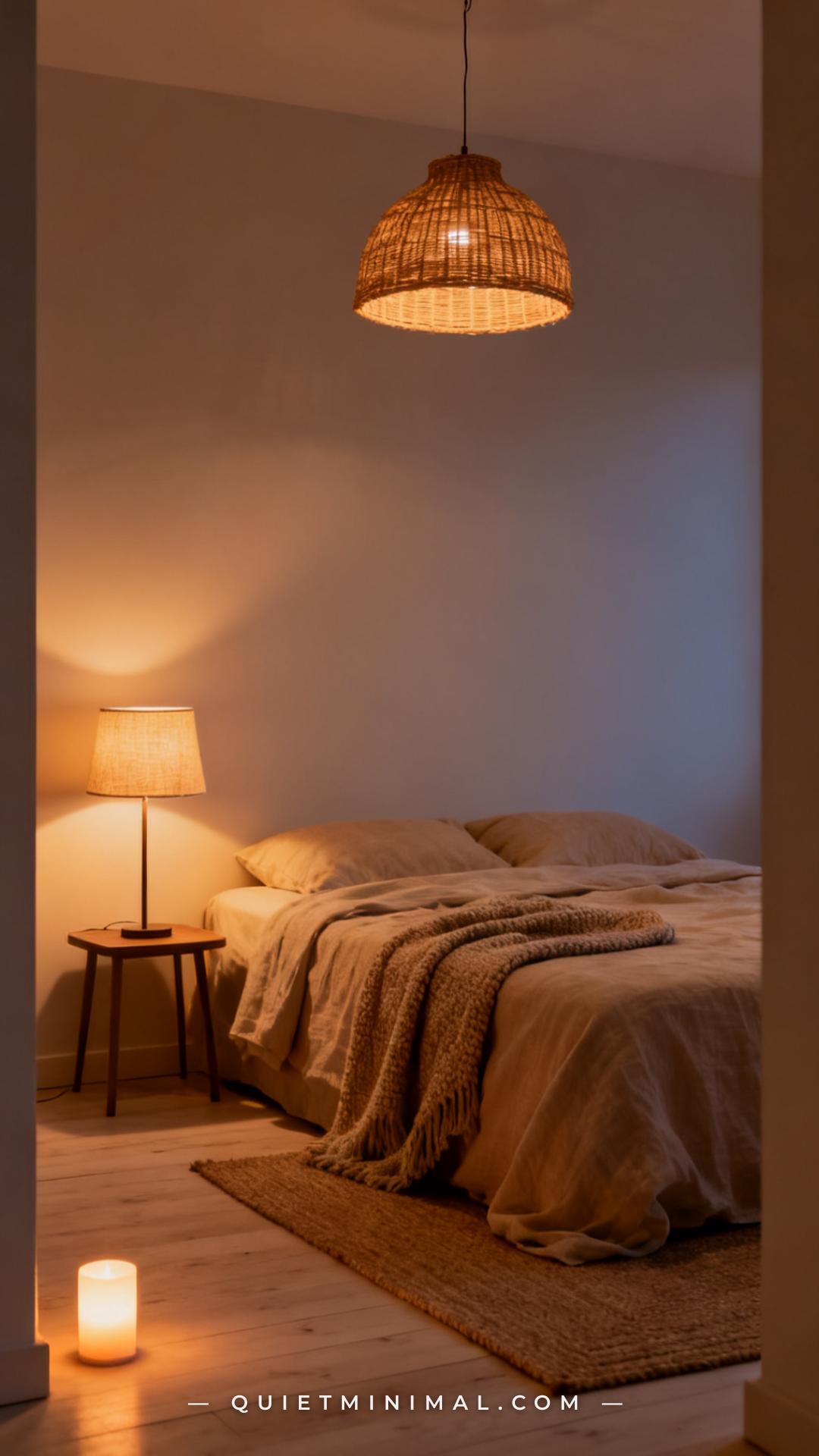 An establishing shot of a calm minimalist bedroom photographed from a slight diagonal to show depth