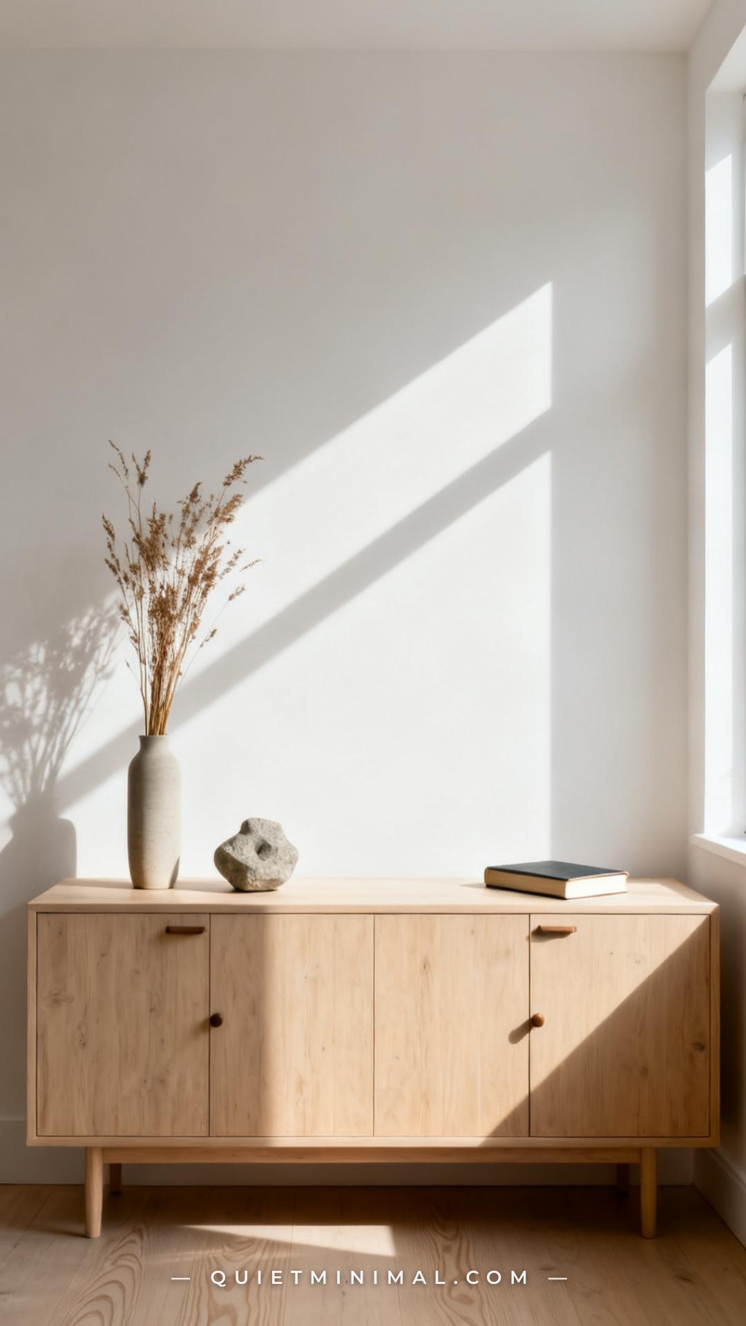 A wide shot of a minimal dining sideboard or credenza against a warm white wall