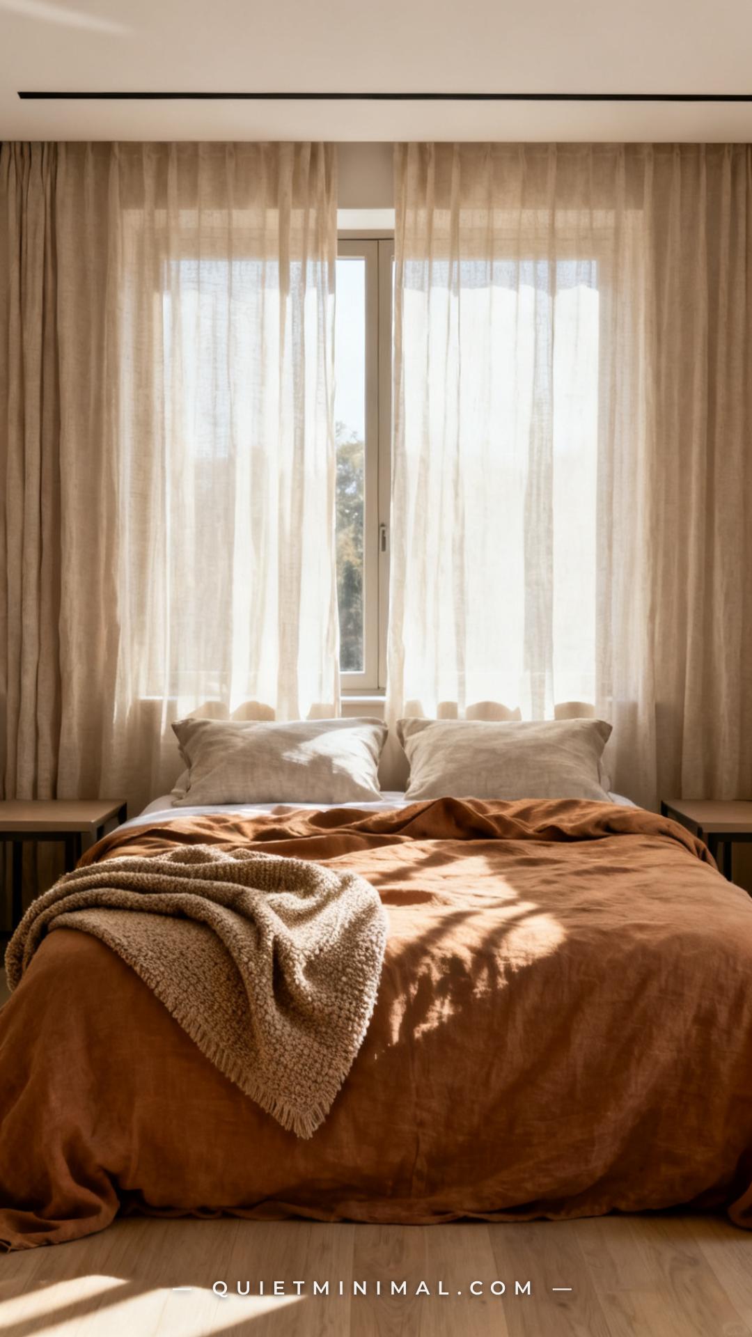 A wide photograph of a minimalist bedroom showing a fully made bed dressed in natural linen bedding — a slightly rumpled