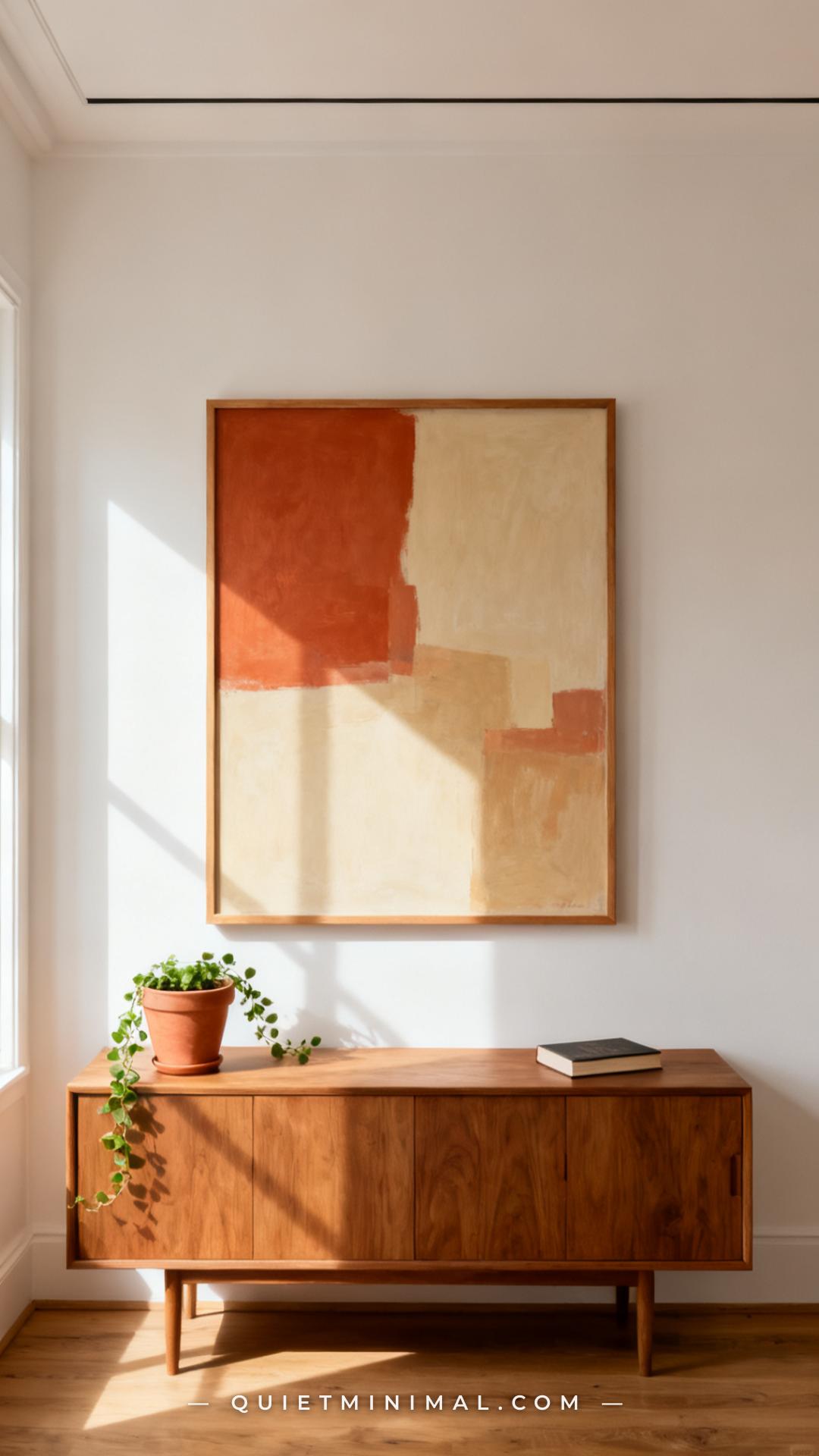 A wide establishing shot of a minimalist living room wall showing a single large-format artwork hung at eye level above
